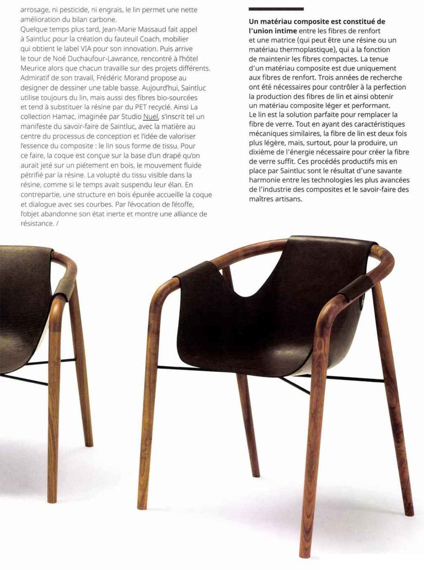 article on the collaboration between french interior designer jean-philippe nuel and saintluc for the creation of a range of seats made from linen fibers, object design