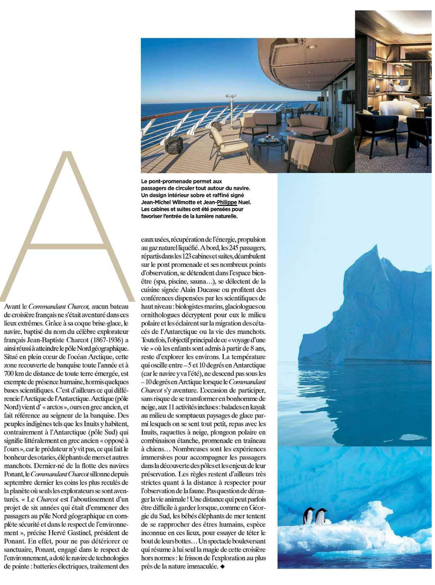 article on the commander charcot designed by jean-philippe nuel's interior design studio in gala magazine, luxury cruise ship, ponant