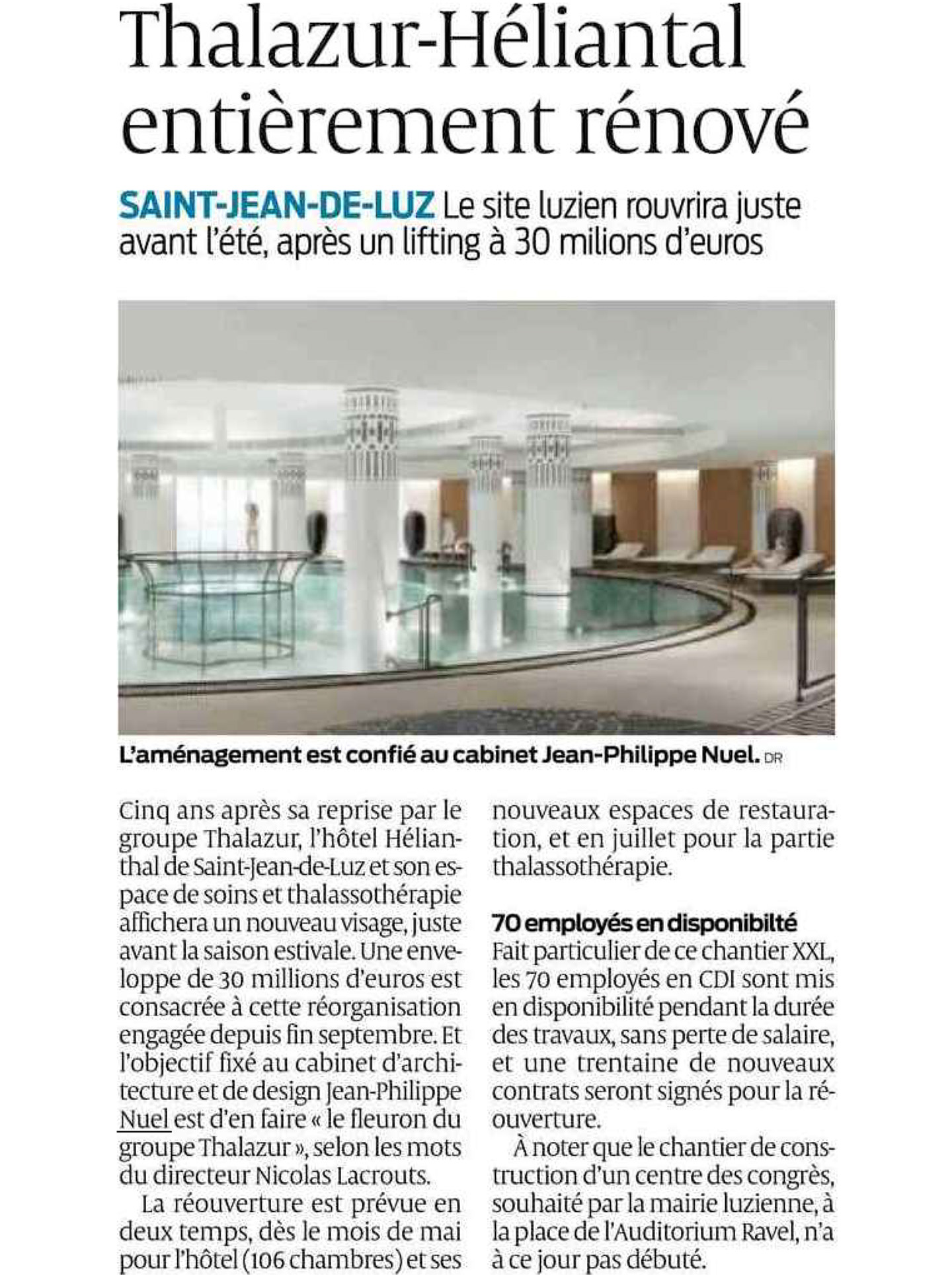 article on the hotel and spa helianthal saint jean de luz in the newspaper sud ouest, 4 star luxury hotel designed by the interior design studio jean philippe nuel