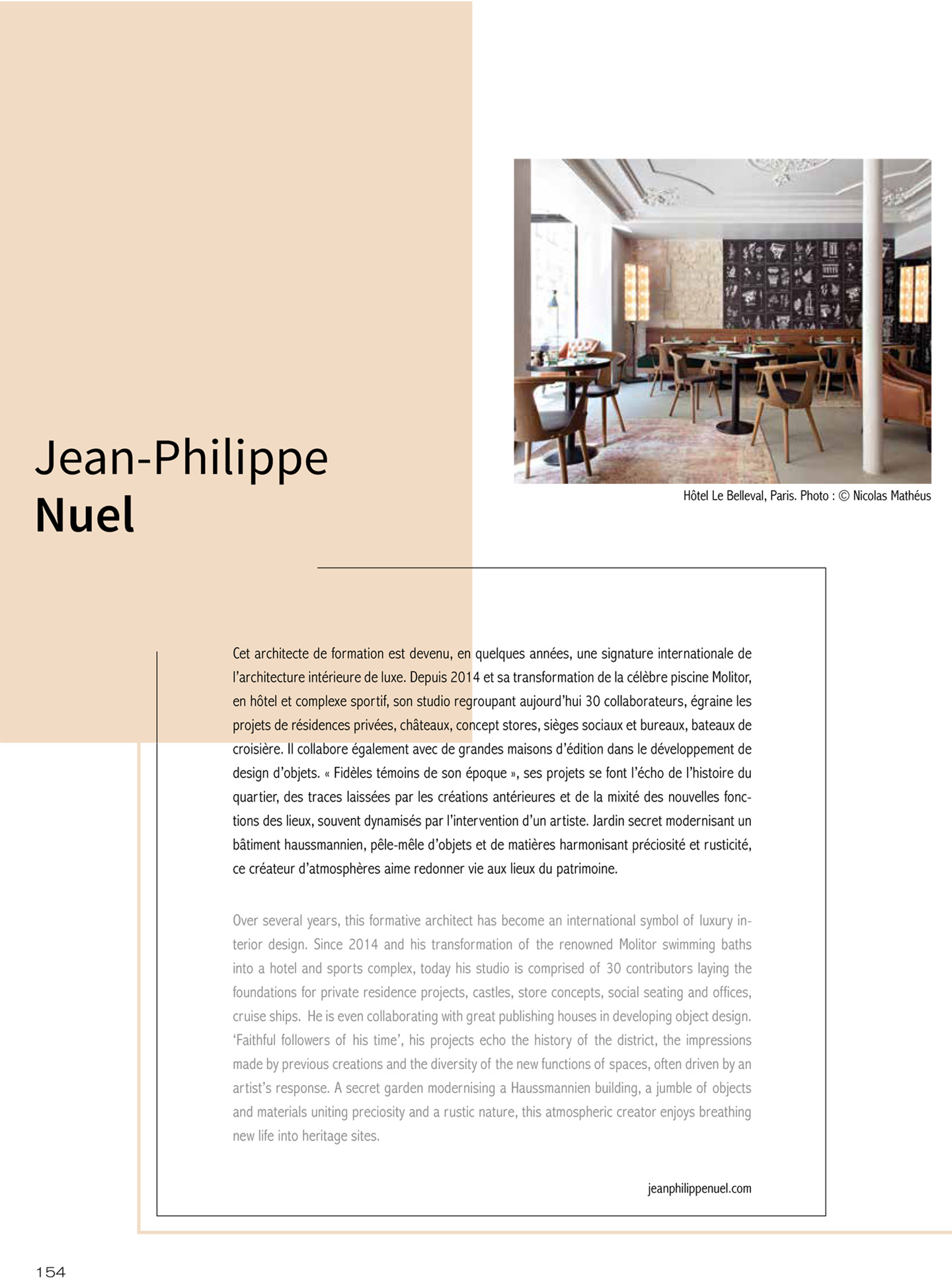 Article on the studio jean-philippe nuel and in particular the hotel le belleval, luxury hotel in Paris, jean-philippe nuel renowned architect and interior designer