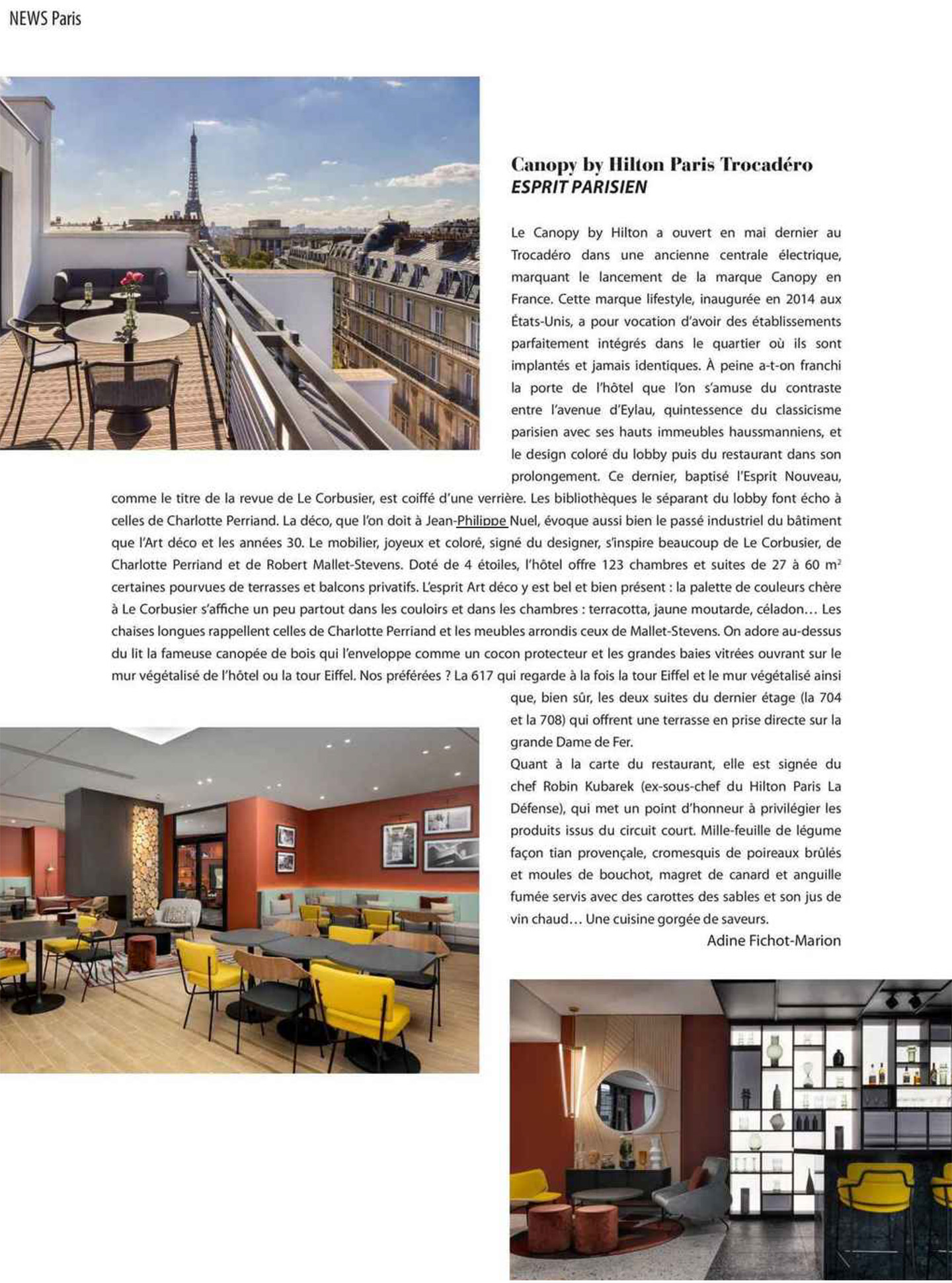 Article sur le Canopy by Hilton Paris Trocadéro réalisé par le studio jean-Philippe Nuel dans le magazine Voyage de luxe, nouvel hotel lifestyle, architecture d'intérieur de luxe, paris centre, hotel de luxe français