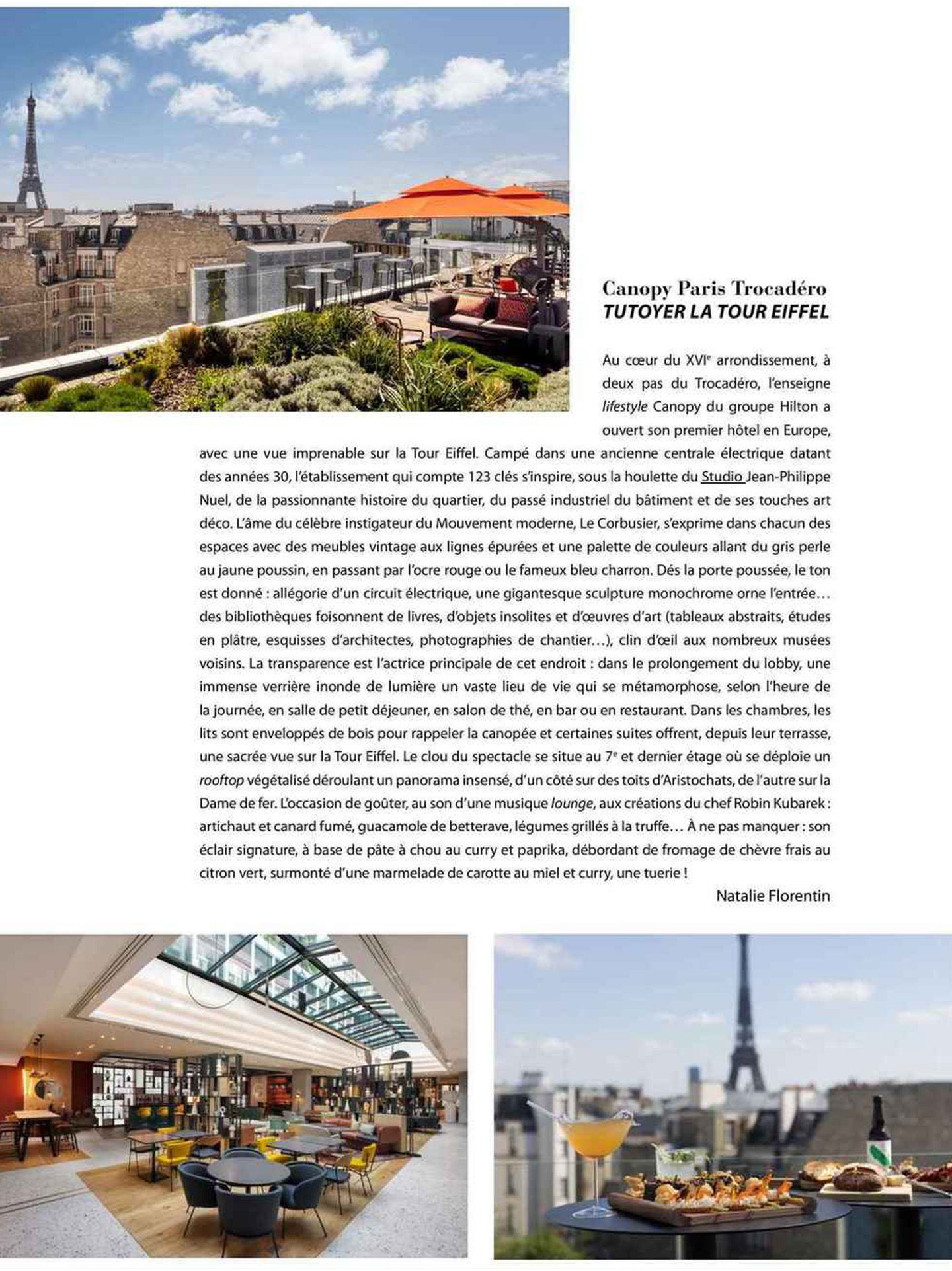 Article sur le Canopy by Hilton Paris Trocadéro réalisé par le studio jean-Philippe Nuel dans le magazine Voyage de luxe, nouvel hotel lifestyle, architecture d'intérieur de luxe, hotel avec rooftop