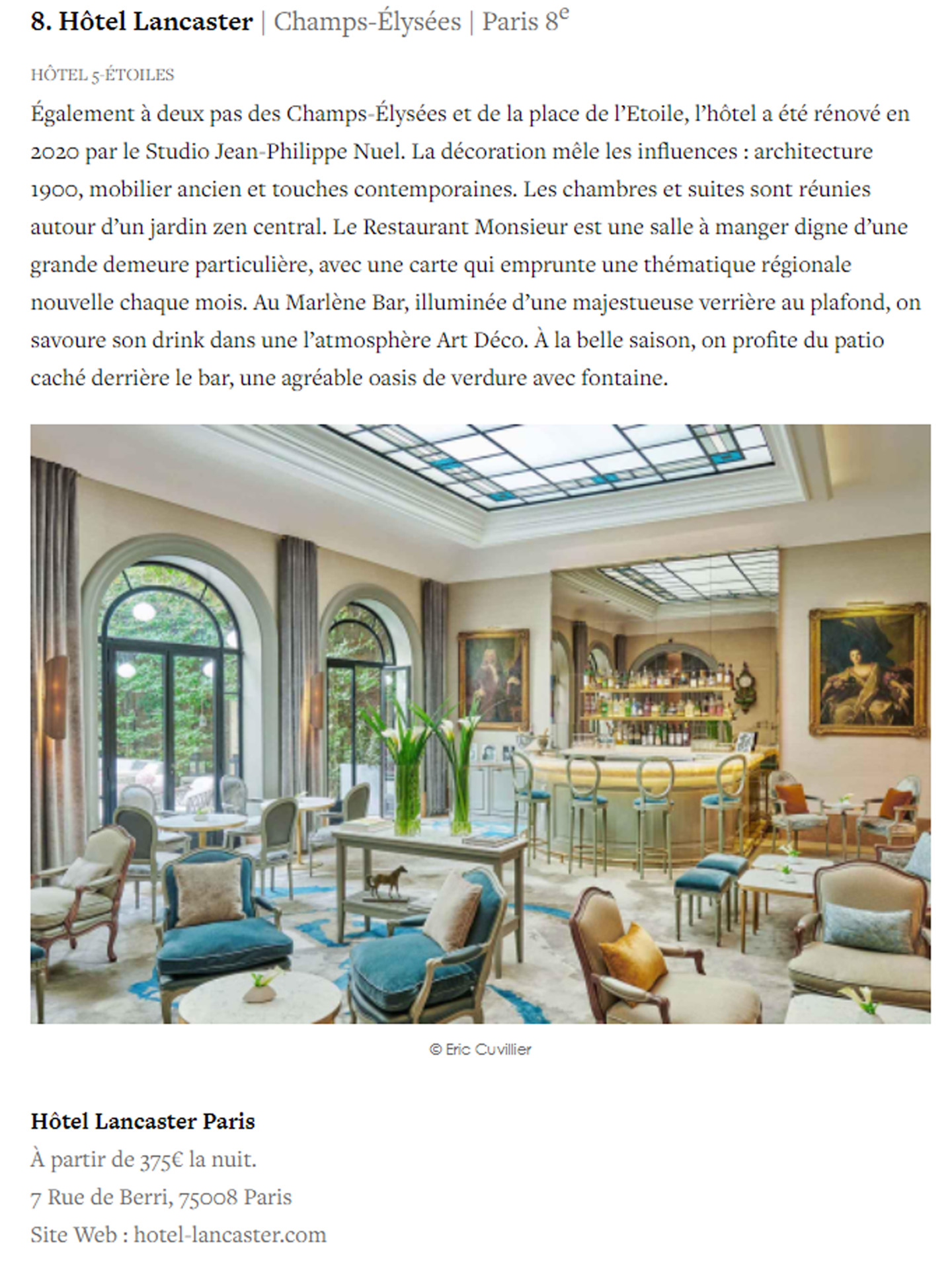 Article on the projects of the studio jean-philippe nuel in the magazine yonder and on the success of the 5 star Lancaster hotel in Paris
