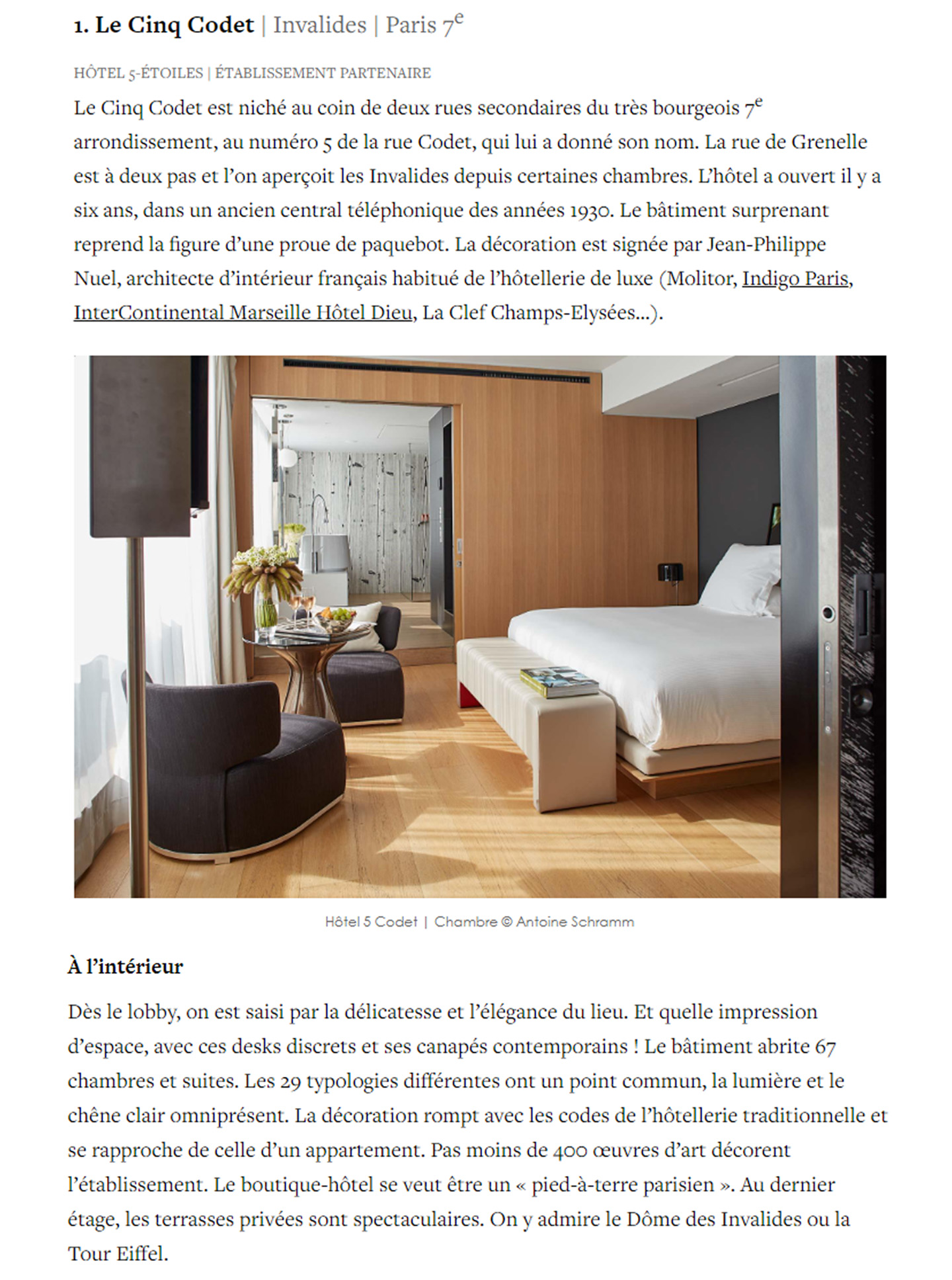 article sur l'hotel le cinq codet dans le magazine yonder, hotel de luxe décoré par le studio jean-philippe nuel, architecture d'intérieur, hotel parisien