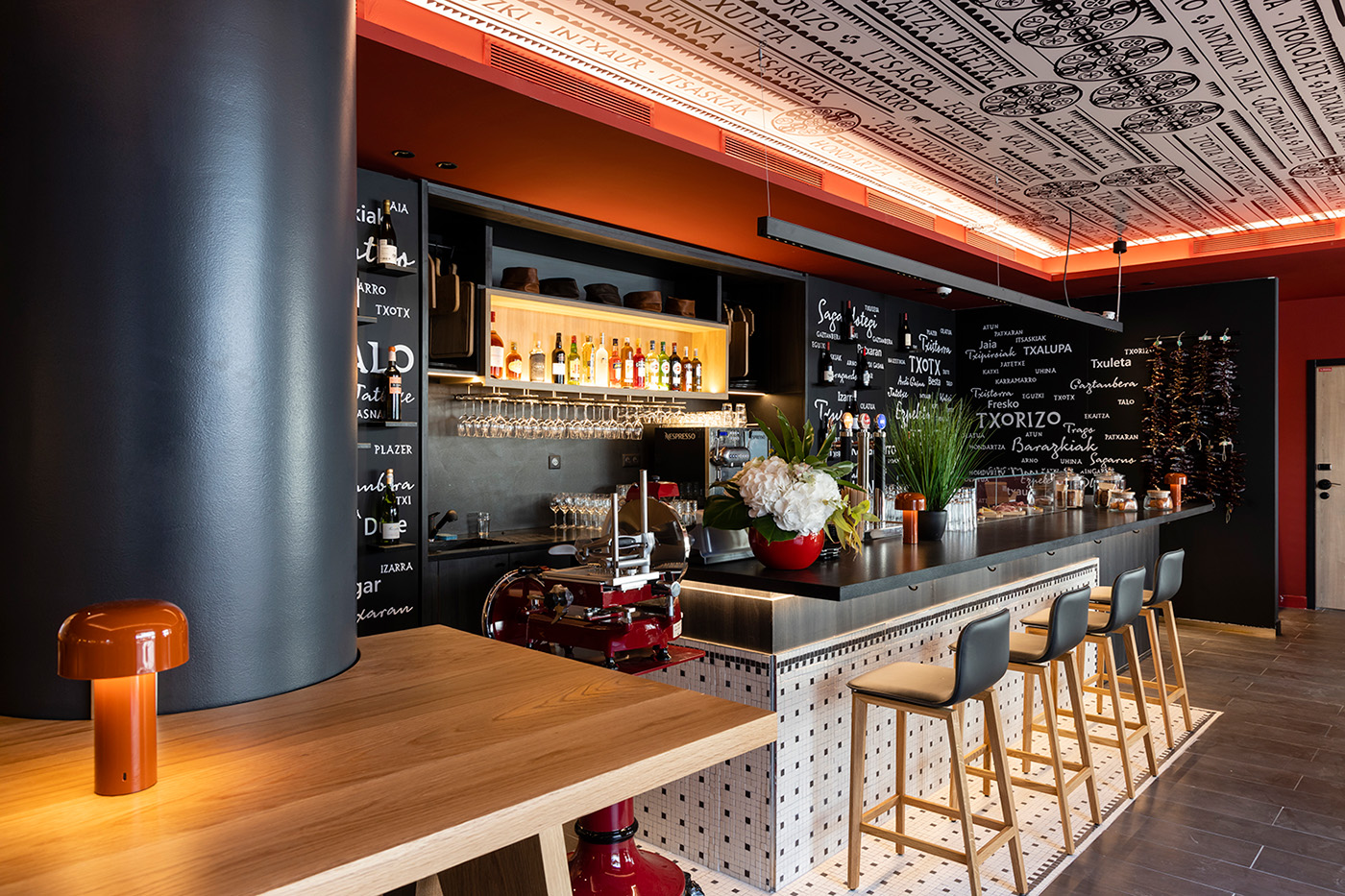Basque bar of the helianthal hotel and spa in Saint Jean de Luz, 4 star lifestyle hotel, seaside hotel designed by the interior design studio jean-philippe nuel, basque country decoration