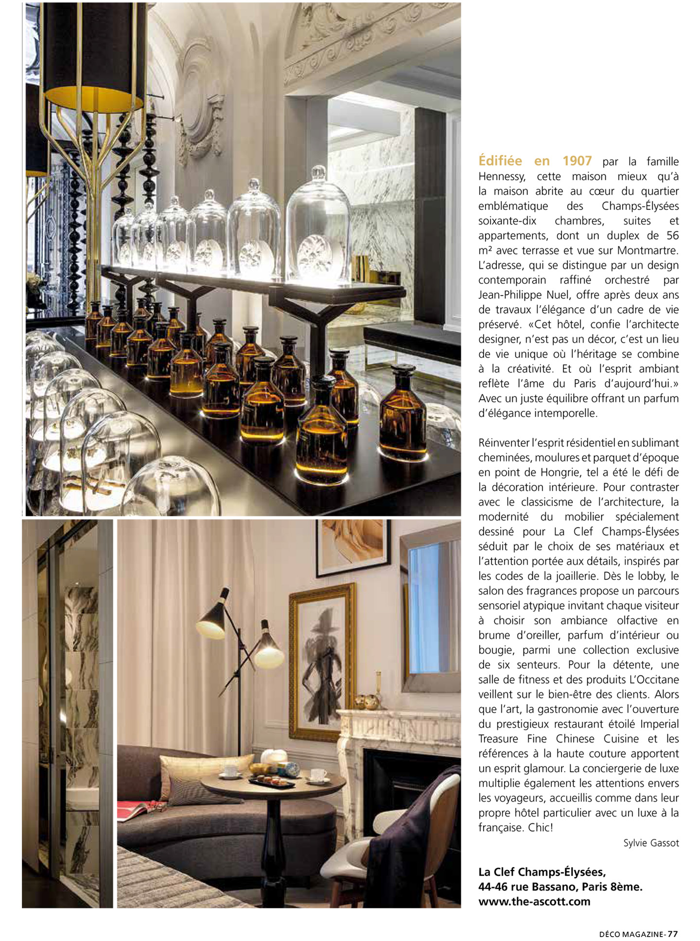 Article on La Clef Champs-Elysées Paris realized by the studio jean-Philippe Nuel in the magazine déco Magzine, new luxury hotel, luxury interior design, Parisian hotel