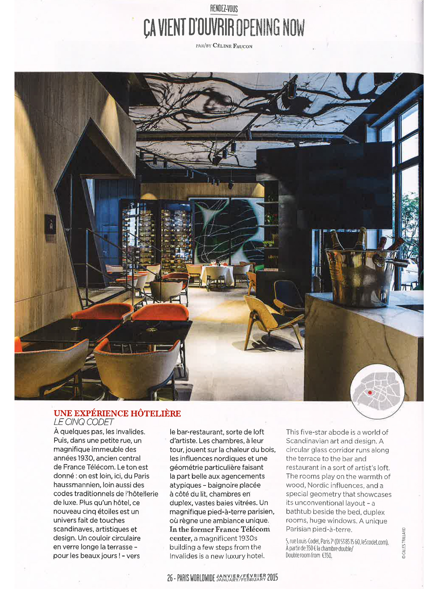 article sur le cinq codet, hotel de luxe parisien 5 étoiles réalisé par le studio d'architecture d'intérieur jean-philippe nuel