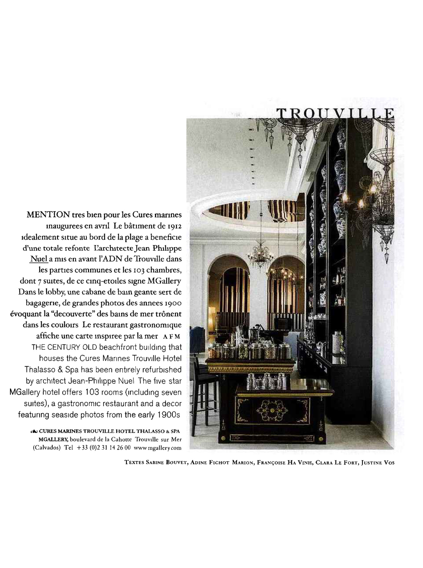 article on the cures marines de trouville, luxury hotel & spa by the interior design studio jean-philippe nuel, published in the magazine air france madame