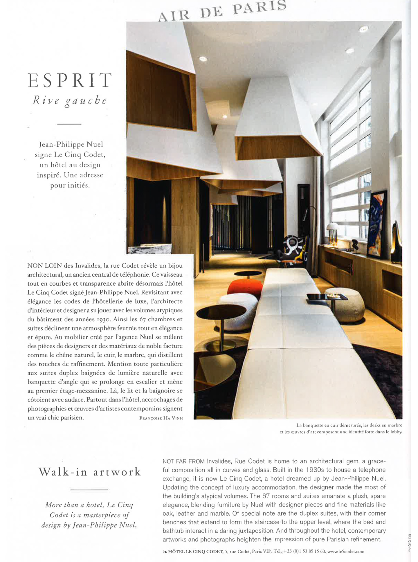 article sur l'hôtel le cinq codet, hotel de luxe réalisé par le studio d'architecture jean-philippe nuel dans le magazine air france madame