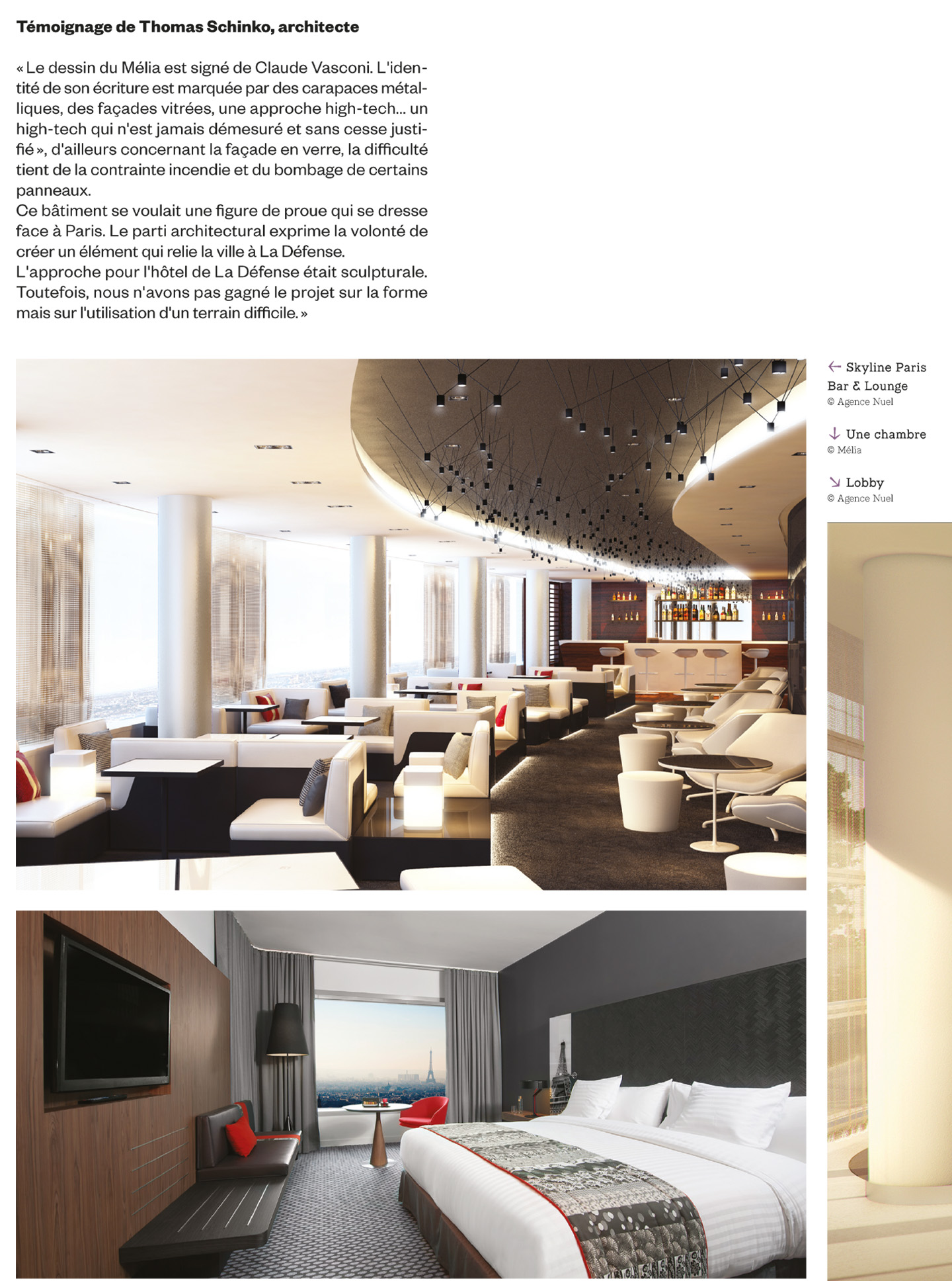 article sur l'hôtel Melia Paris La Défense, hotel de luxe à paris réalisé par le studio d'architecture d'intérieur jean-philippe nuel, dans le magazine archistorm