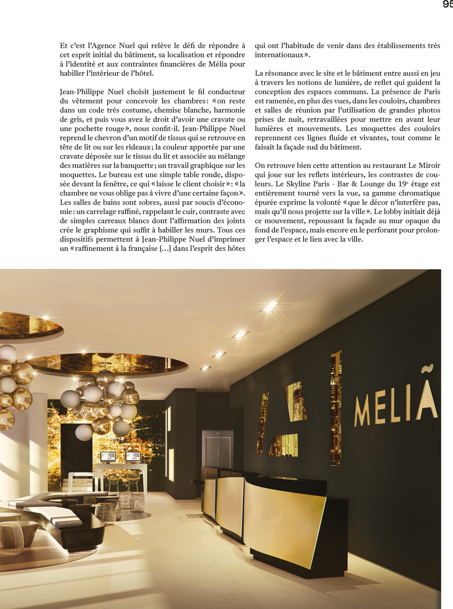 article sur l'hôtel Melia Paris La Défense, hotel de luxe à paris réalisé par le studio d'architecture d'intérieur jean-philippe nuel, dans le magazine archistorm