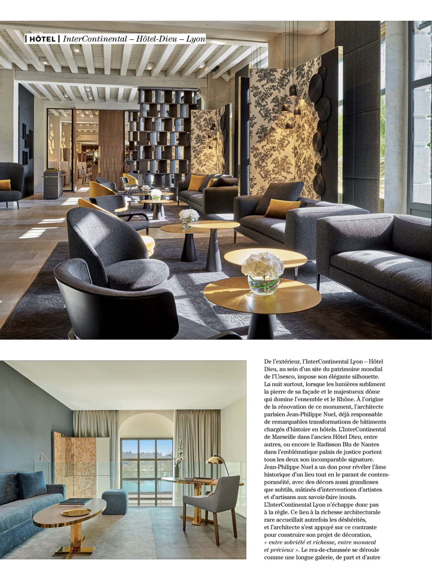 Article on the InterContinental Lyon Hotel Dieu realized by the studio jean-Philippe Nuel in the magazine Artravel, new luxury hotel, luxury interior design, historical heritage