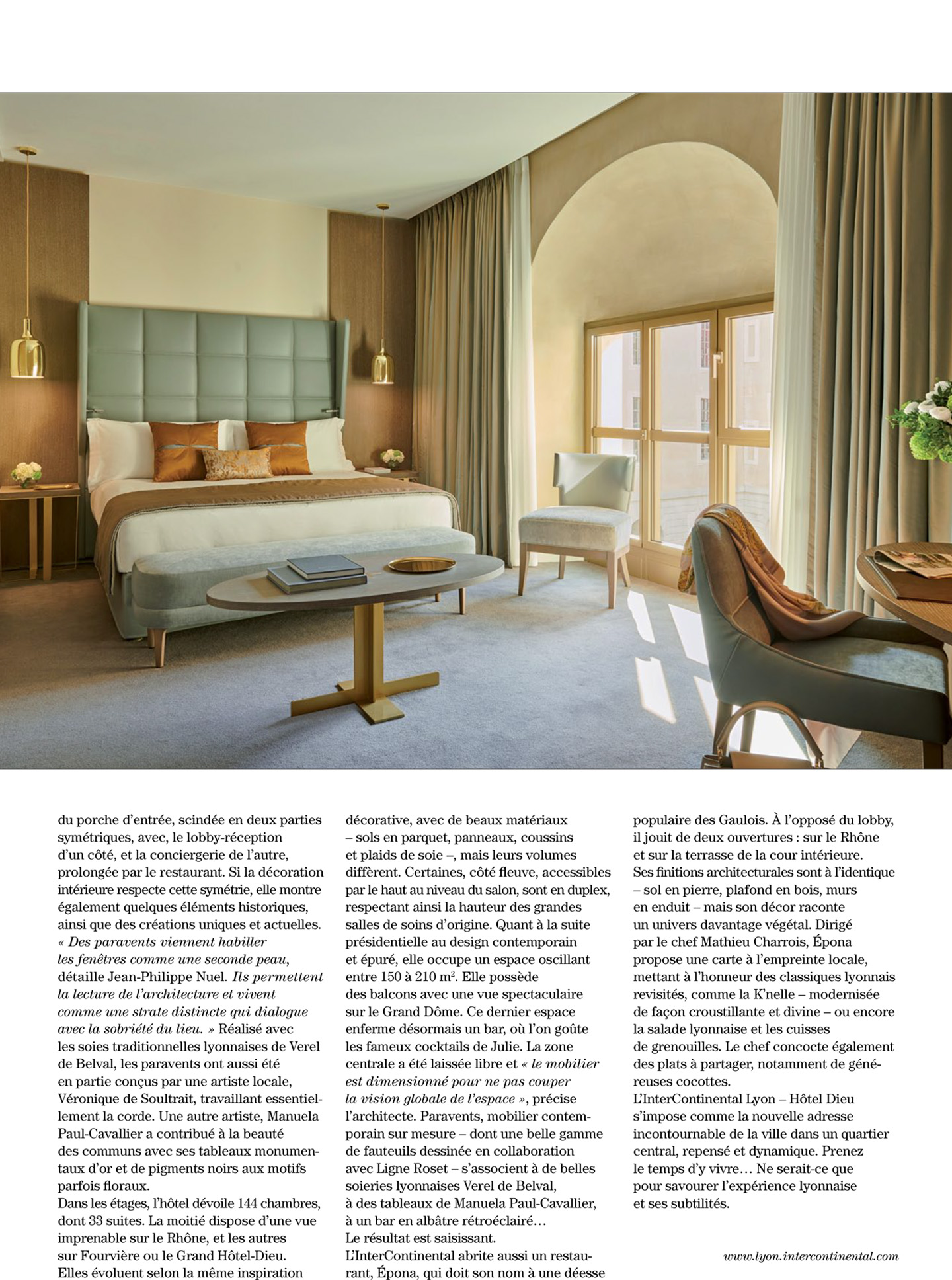 Article sur l'InterContinental Lyon Hotel Dieu réalisé par le studio jean-Philippe Nuel dans le magazine Artravel, nouvel hotel de luxe, architecture d'intérieur de luxe, patrimoine historique