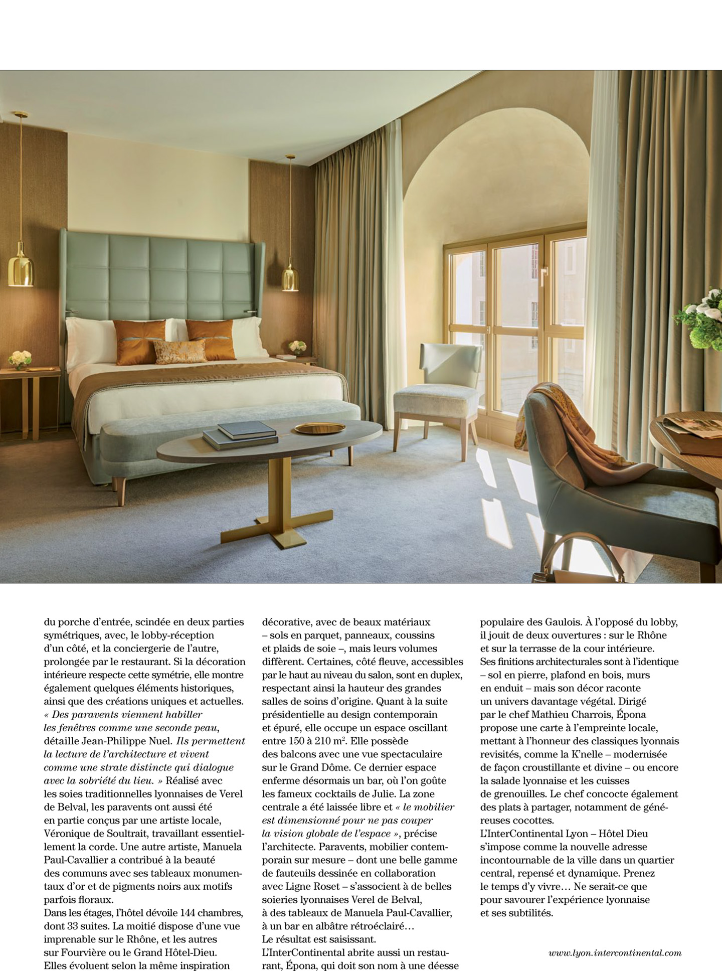 Article on the InterContinental Lyon Hotel Dieu realized by the studio jean-Philippe Nuel in the magazine Artravel, new luxury hotel, luxury interior design, historical heritage