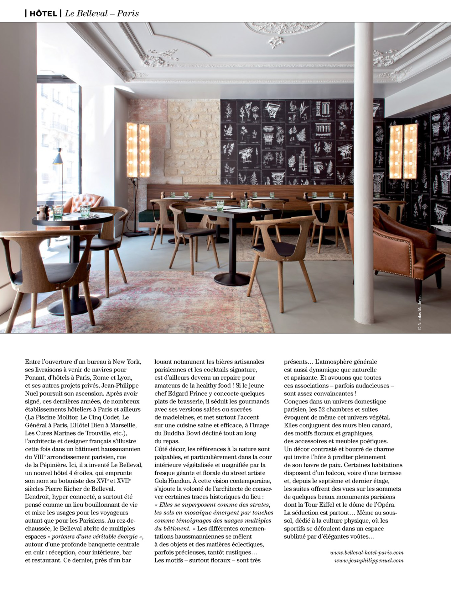 article sur le belleval paris réalisé par le studio d'architecture d'intérieur jean-philippe nuel dans le magazine artravel, hotel lifestyle avec une décoration botanique et fleurie