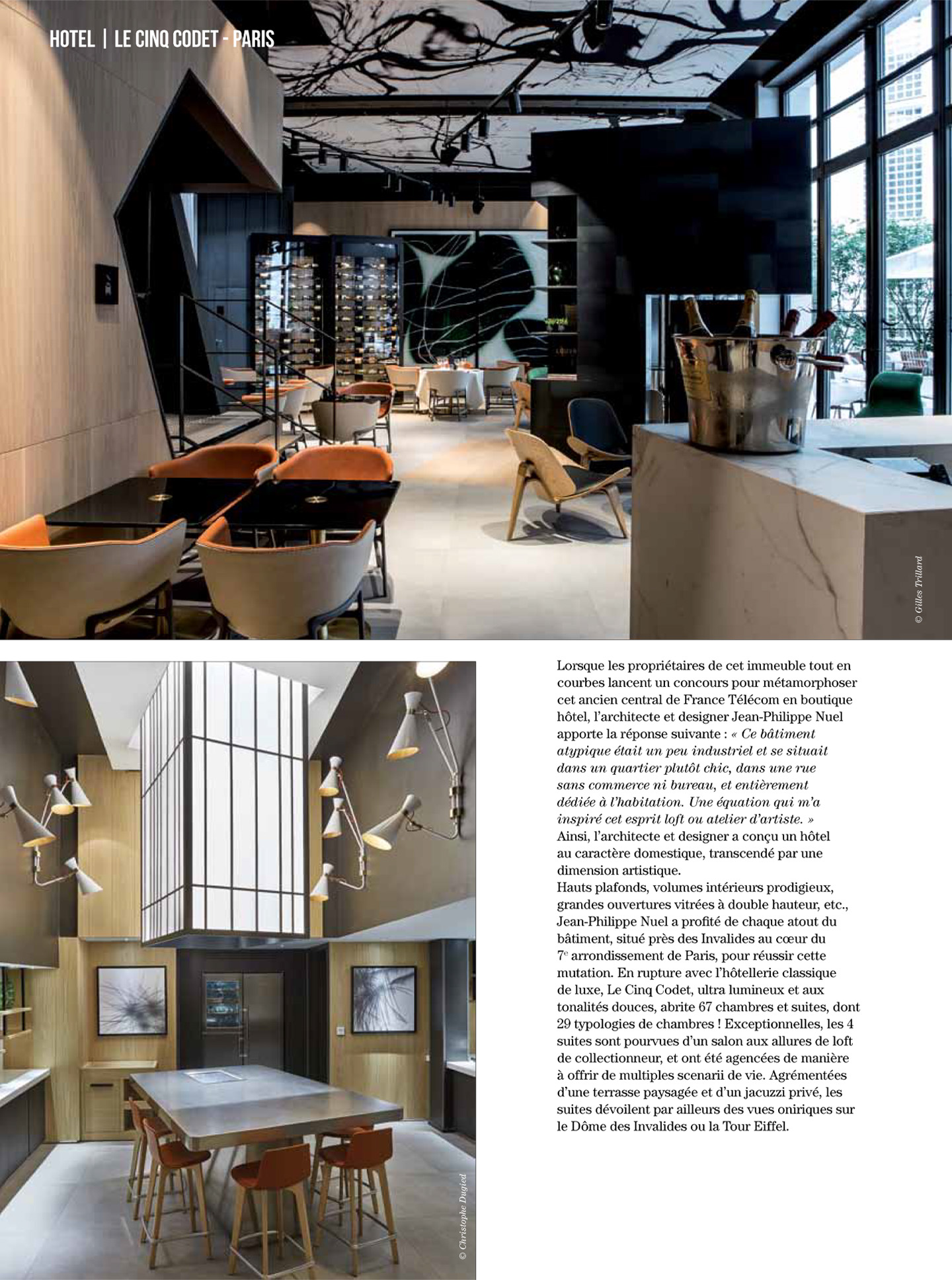 article on the five codet in artravel magazine, 5 star luxury hotel designed by the interior design studio jean-philippe nuel