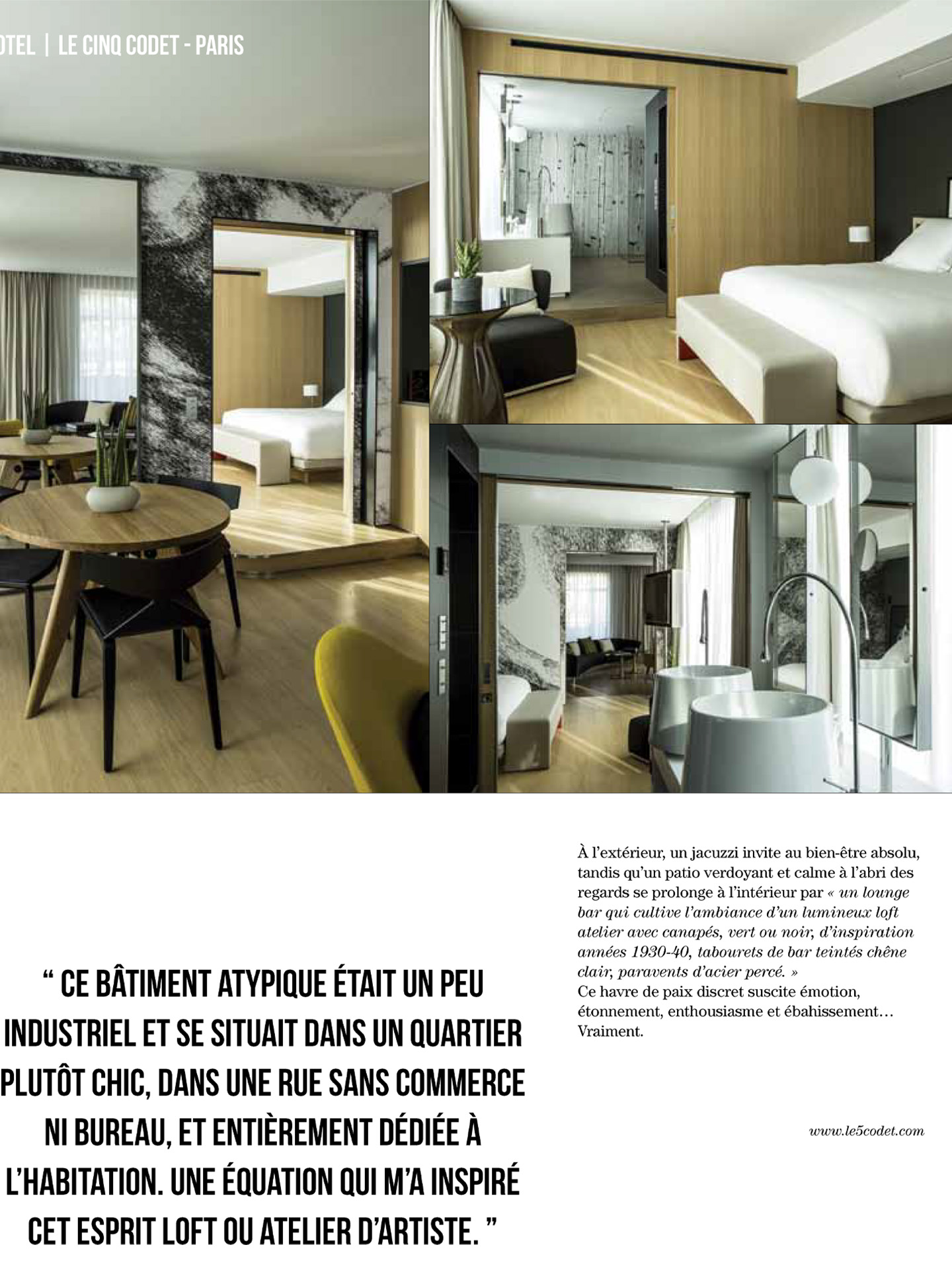 article on the five codet in artravel magazine, 5 star luxury hotel designed by the interior design studio jean-philippe nuel