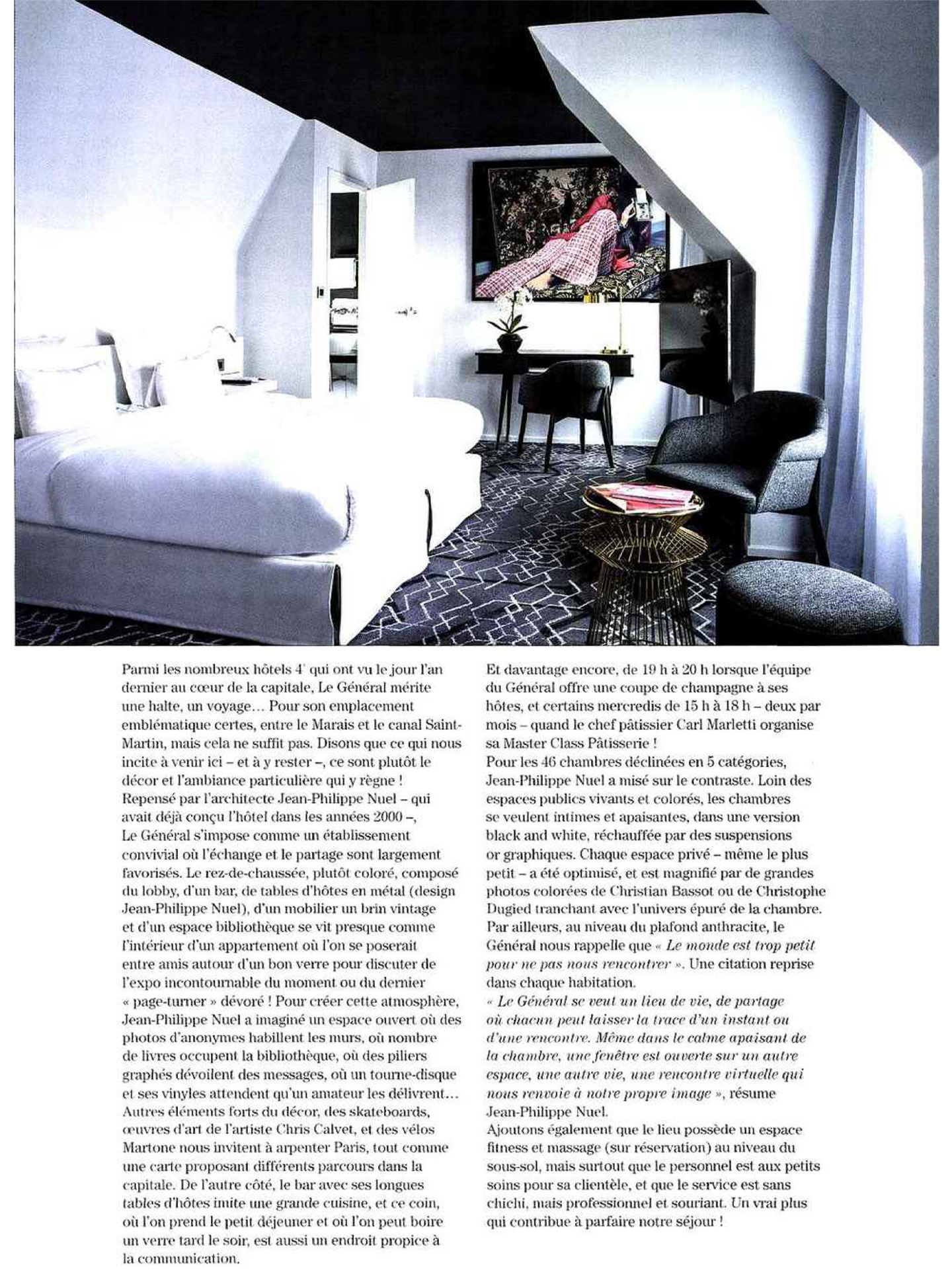 Article on the General Hotel created by the jean-Philippe Nuel studio in the Artravel magazine, new lifestyle hotel, luxury interior design, Paris center, French luxury hotel