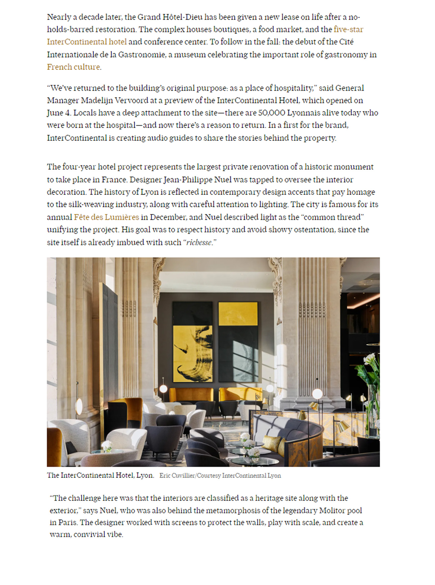 Article on the InterContinental Lyon Hotel Dieu realized by the studio jean-Philippe Nuel in the magazine condé nast traveller, new luxury hotel, luxury interior design, historical heritage