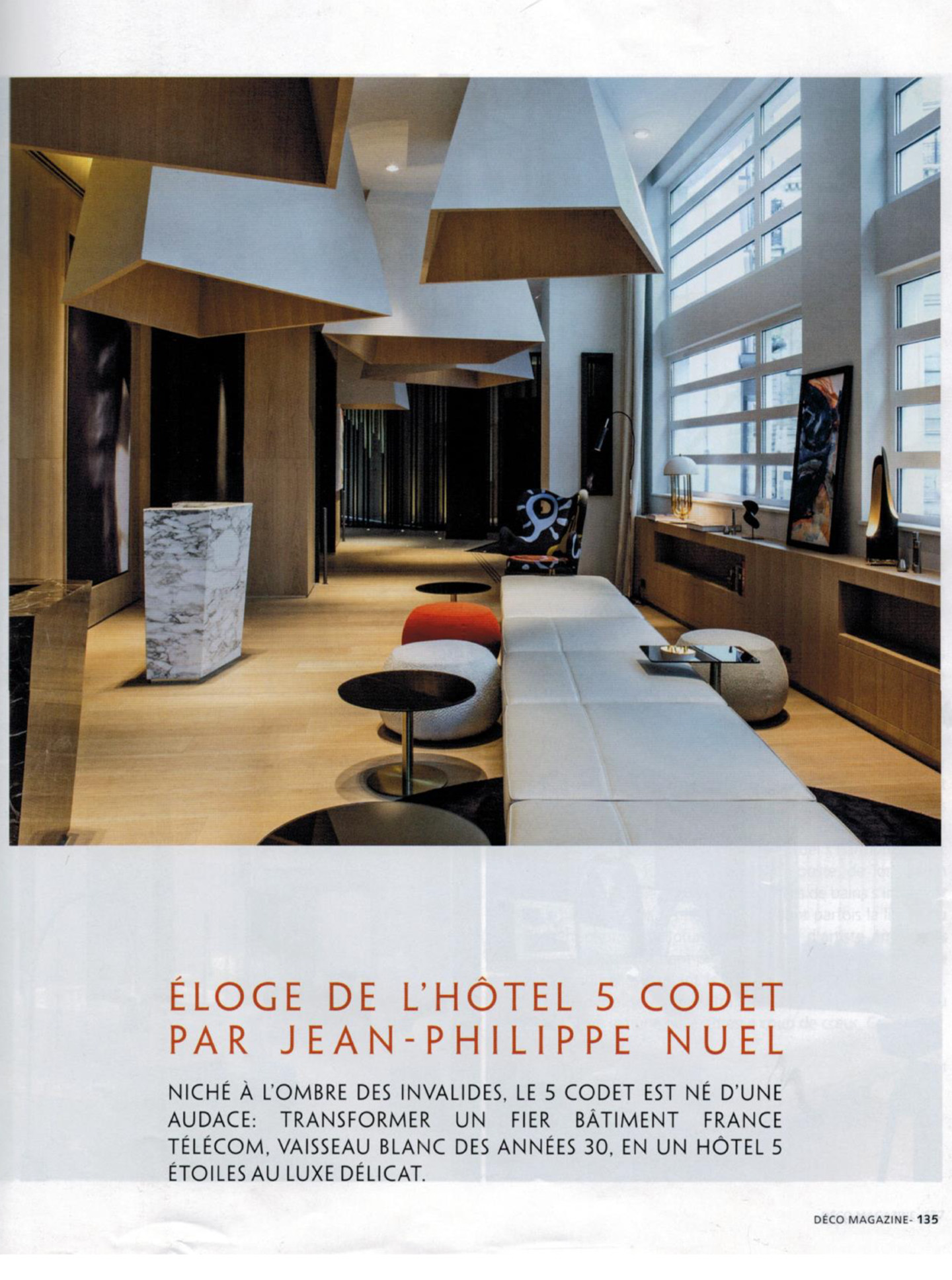 article sur le cinq codet dans le magazine déco, hotel de luxe 5 étoiles réalisé par le studio d'architecture d'intérieur jean-philippe nuel