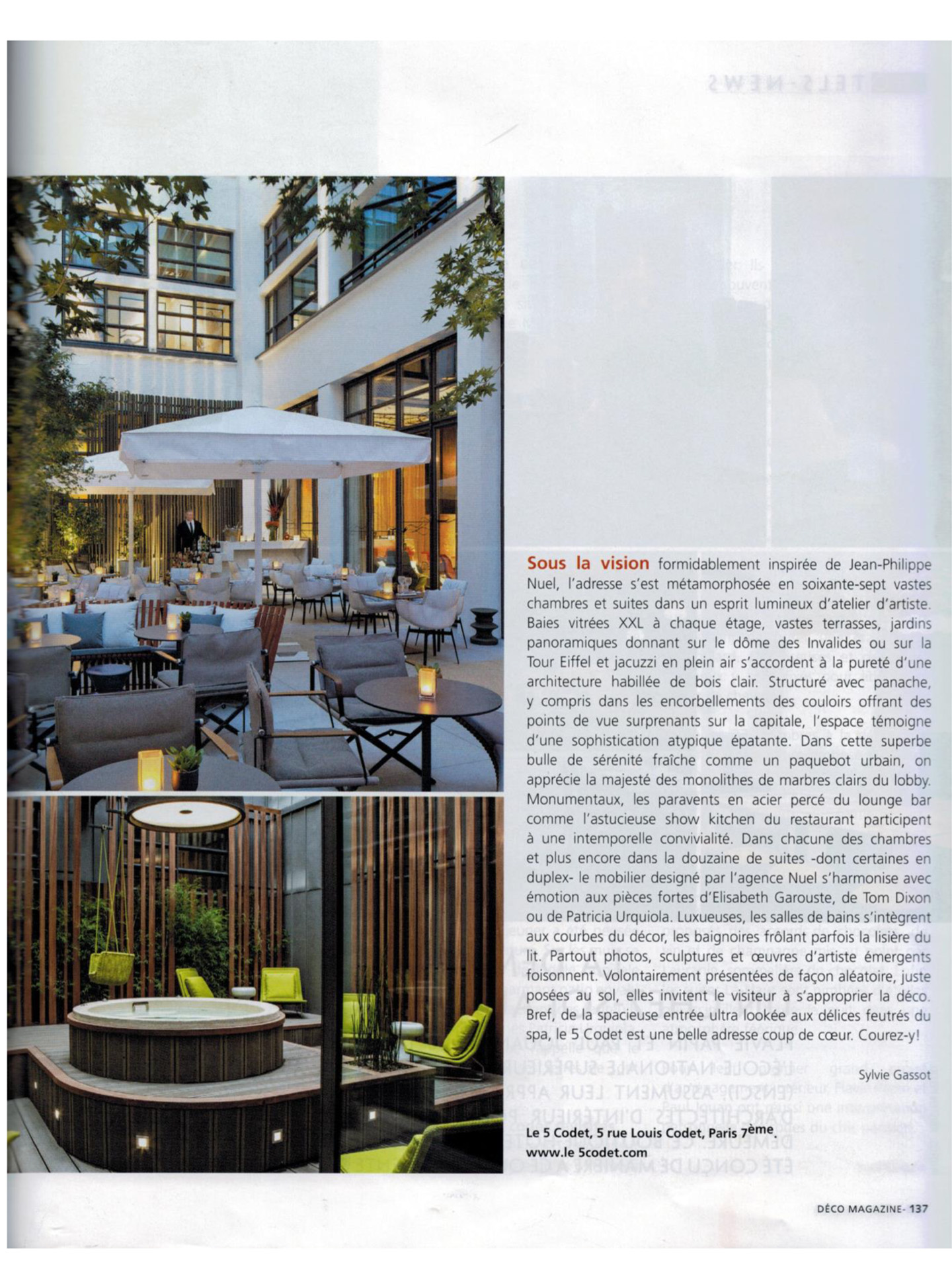 article sur le cinq codet dans le magazine déco, hotel de luxe 5 étoiles réalisé par le studio d'architecture d'intérieur jean-philippe nuel