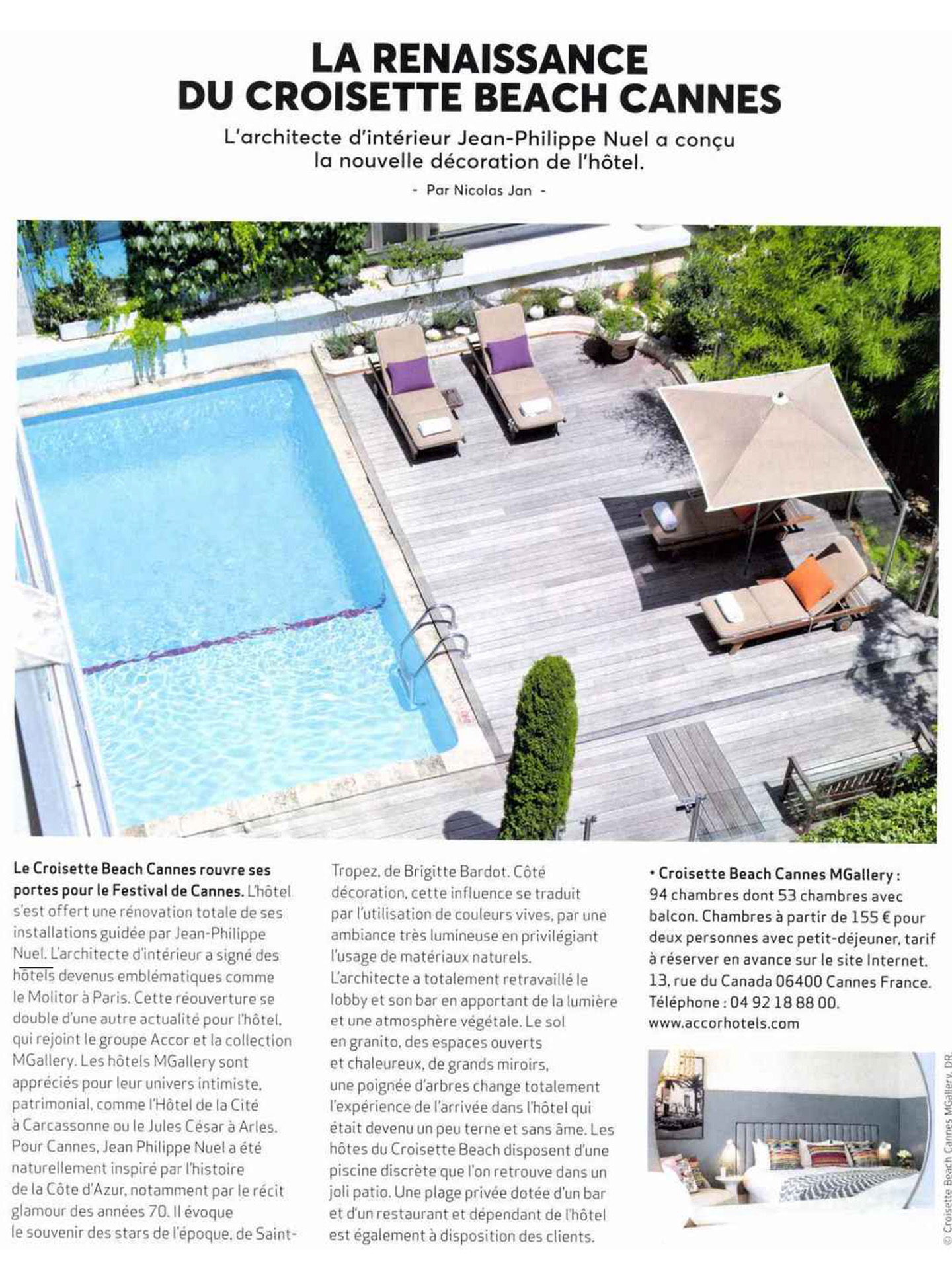 Article on the Croisette Beach Cannes realized by the studio jean-Philippe Nuel in the magazine desirs de voyages, new lifestyle hotel, luxury interior design