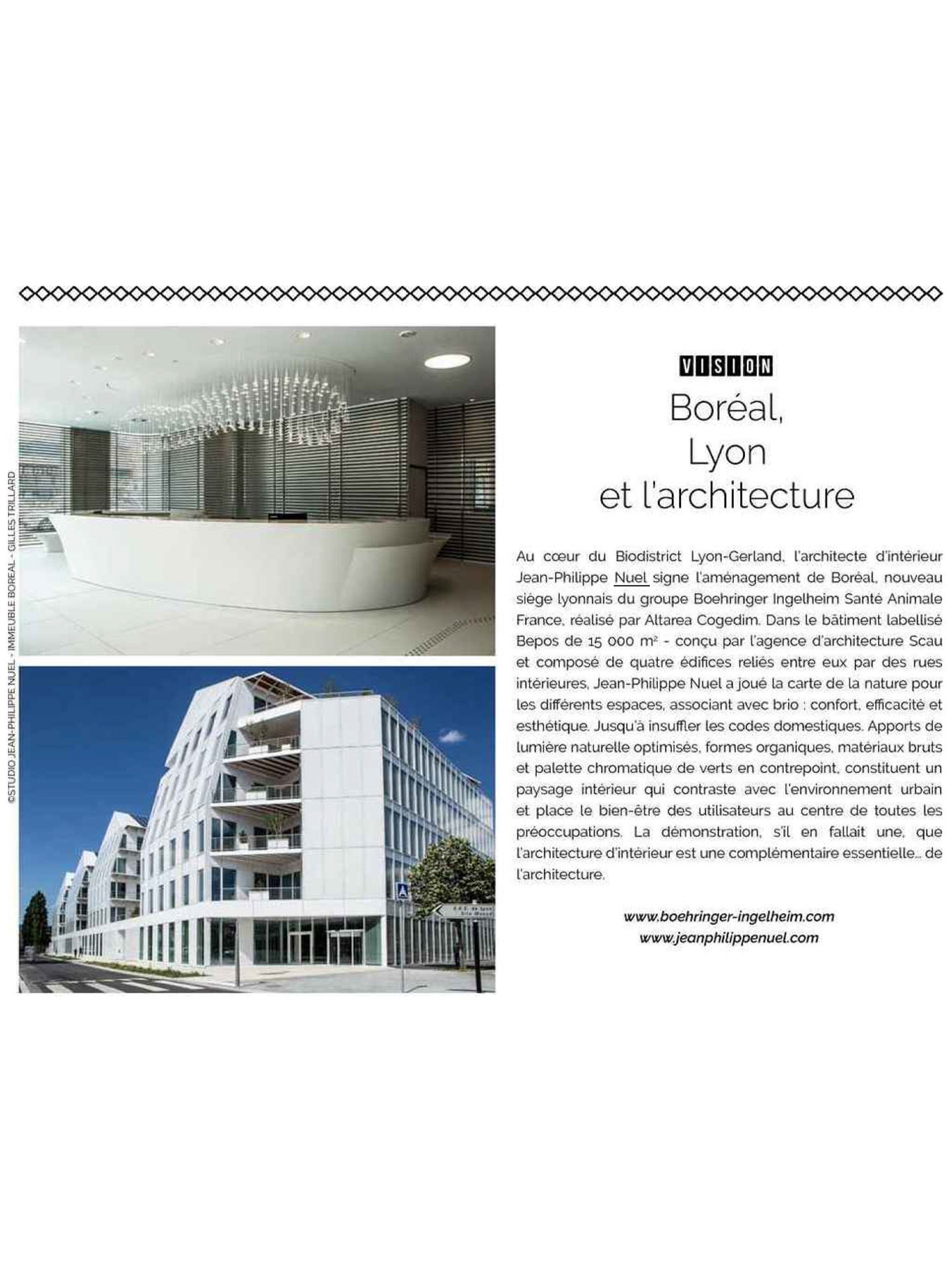 article on the boréal building in lyon, tertiary building in the magazine Domodéco, realized by the interior design studio jean-philippe nuel