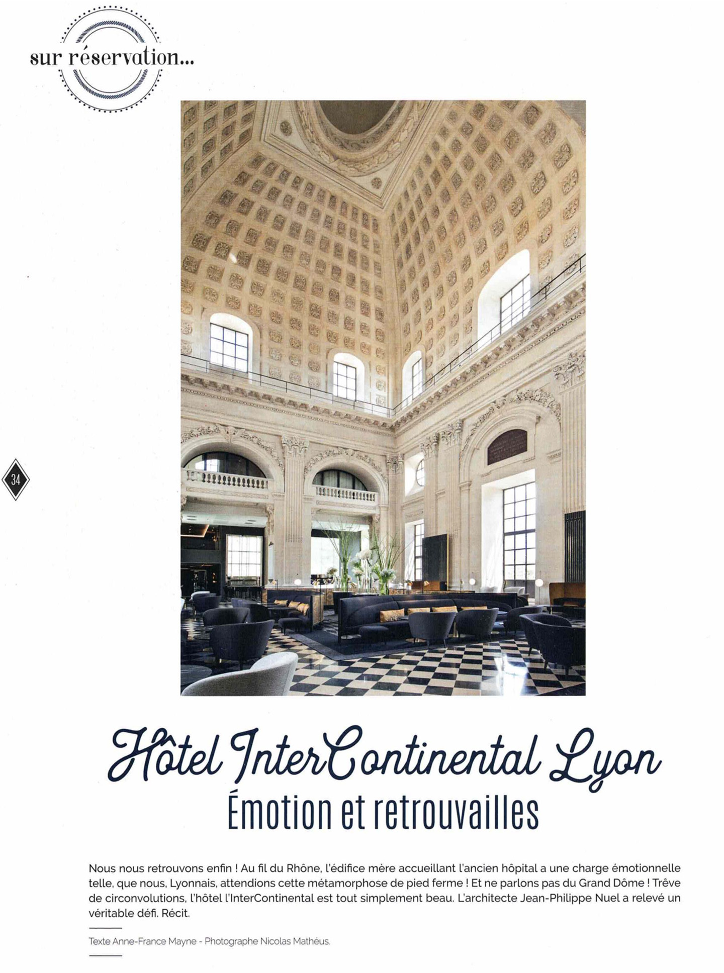 Article sur l'InterContinental Lyon Hotel Dieu réalisé par le studio jean-Philippe Nuel dans le magazine domodéco, nouvel hotel de luxe, architecture d'intérieur de luxe, patrimoine historique