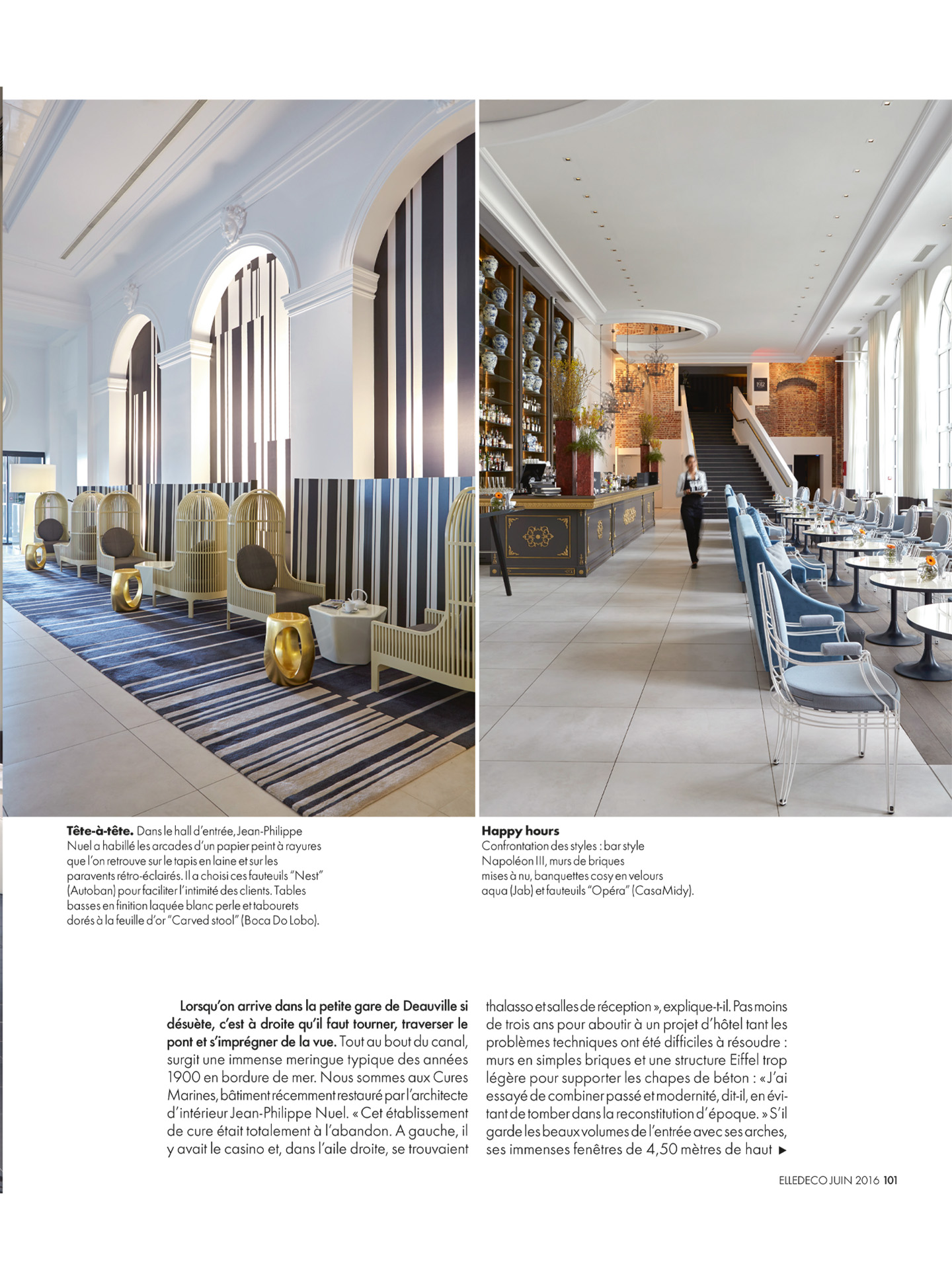 article sur les cures marines de trouville réalisées par le studio d'architecture d'intérieur jean-philippe nuel dans le magazine elle decoration, hotel et spa 5 étoiles