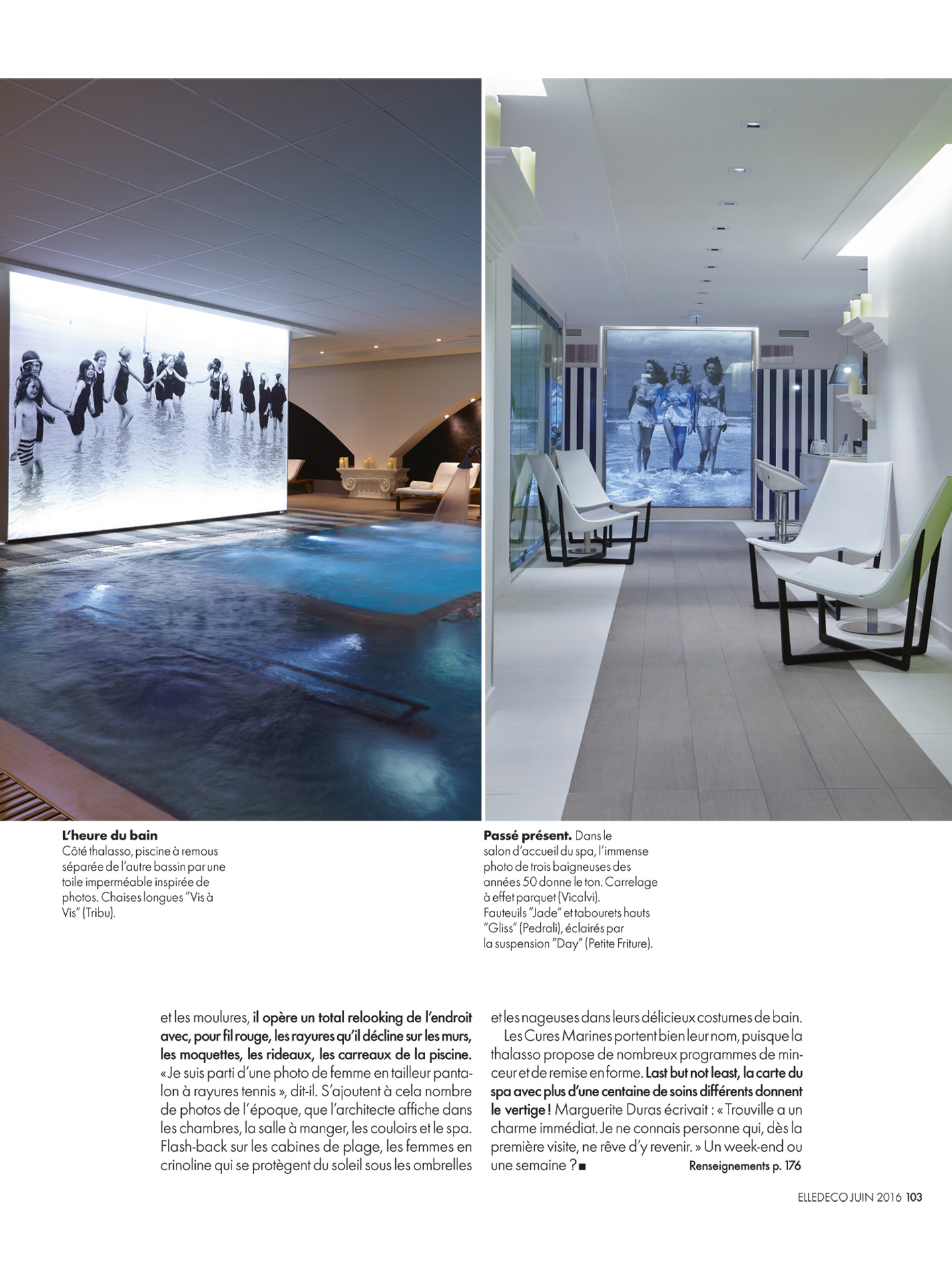 article sur les cures marines de trouville réalisées par le studio d'architecture d'intérieur jean-philippe nuel dans le magazine elle decoration, hotel et spa 5 étoiles