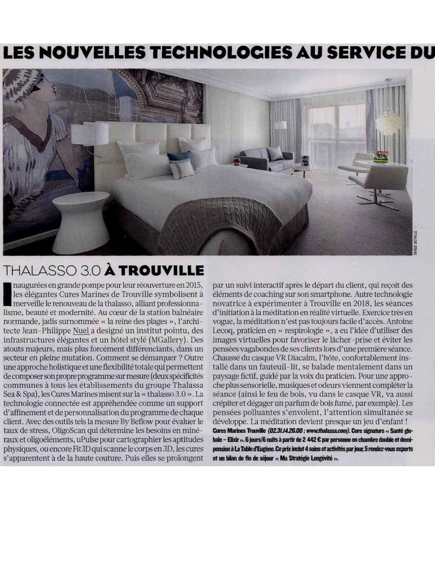 Article sur les cures marines de trouville réalisées par le studio jean-Philippe Nuel dans le figaro magazine, nouvel hotel de luxe, architecture d'intérieur de luxe, thalasso