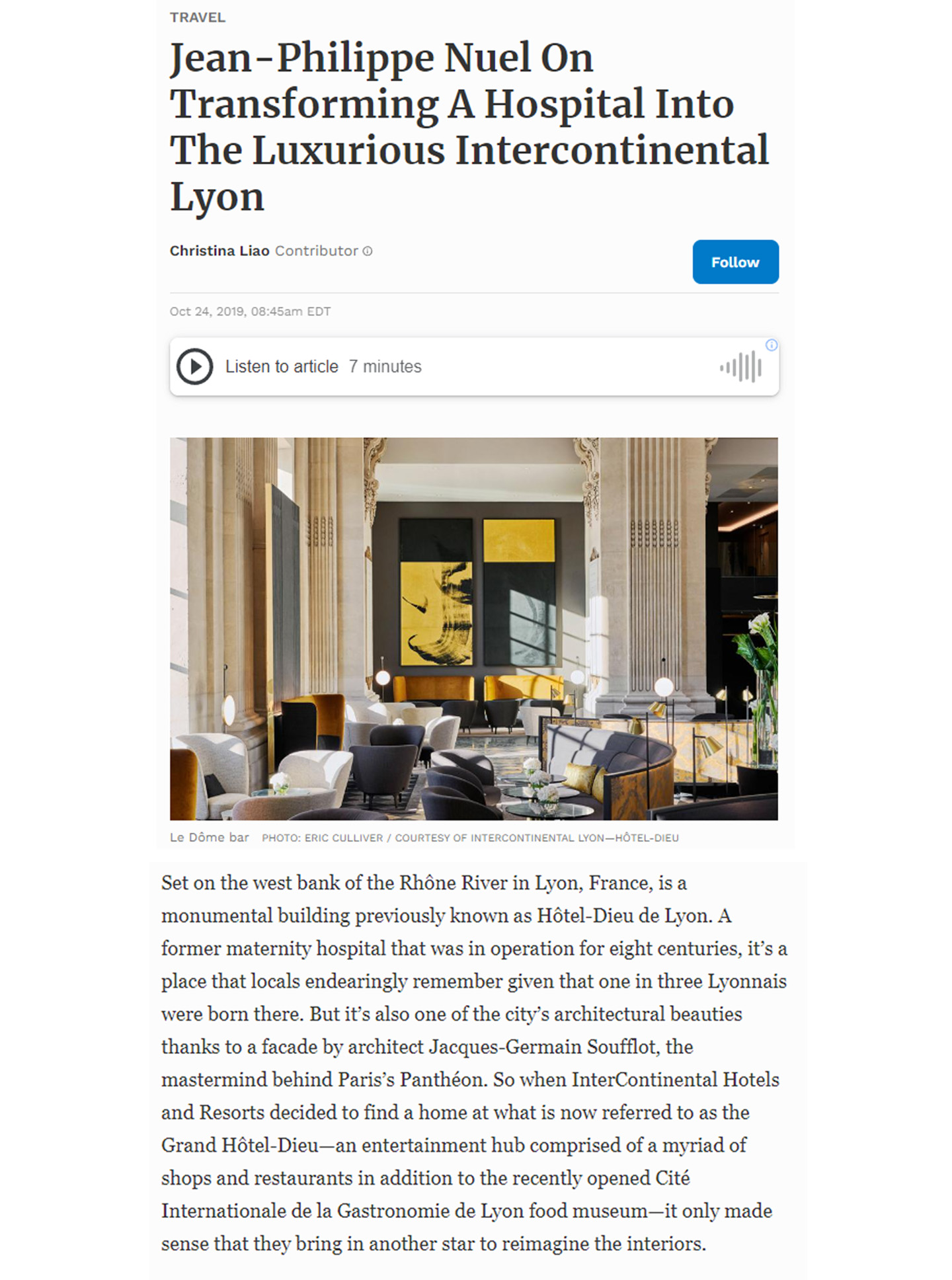 Article sur l'InterContinental Lyon Hotel Dieu réalisé par le studio Jean-Philippe Nuel dans le magazine Forbes, nouvel hotel de luxe, architecture d'intérieur de luxe, patrimoine historique