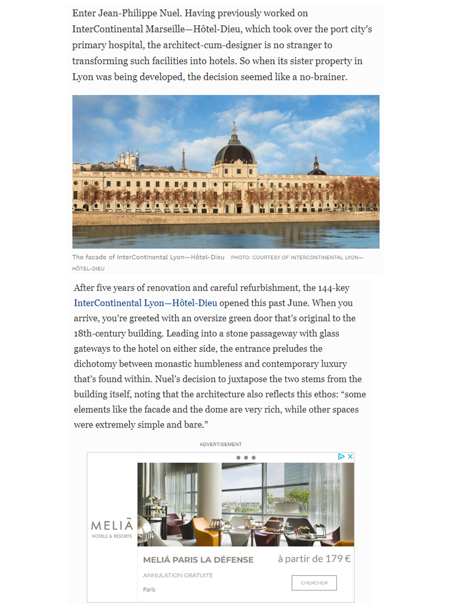 Article sur l'InterContinental Lyon Hotel Dieu réalisé par le studio Jean-Philippe Nuel dans le magazine Forbes, nouvel hotel de luxe, architecture d'intérieur de luxe, patrimoine historique