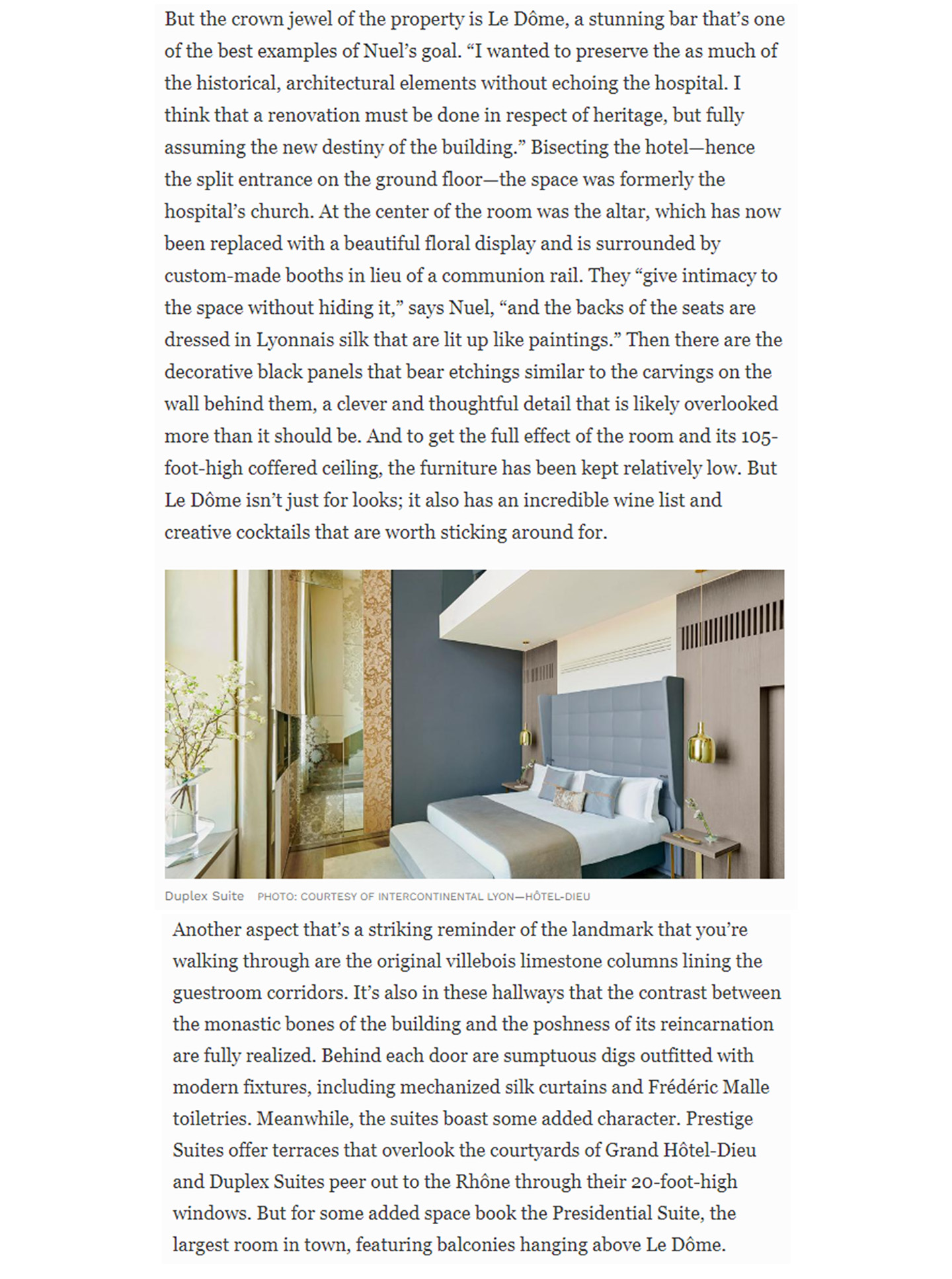Article on the InterContinental Lyon Hotel Dieu realized by the studio Jean-Philippe Nuel in the magazine Forbes, new luxury hotel, luxury interior design, historical heritage