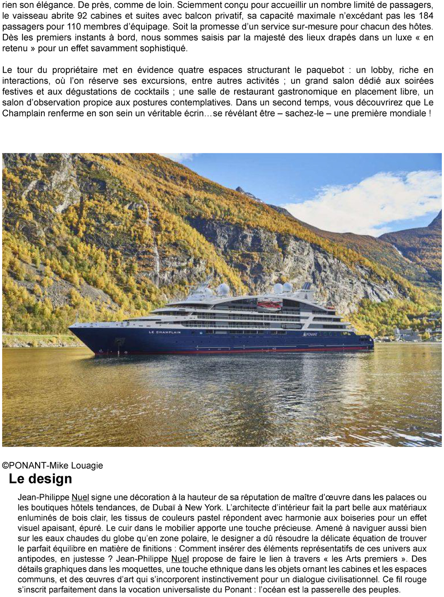 article sur le champlain des ponant explorers réalisés par le studio d'architecture d'intérieur jean-philippe nuel, bateau de croisière de luxe