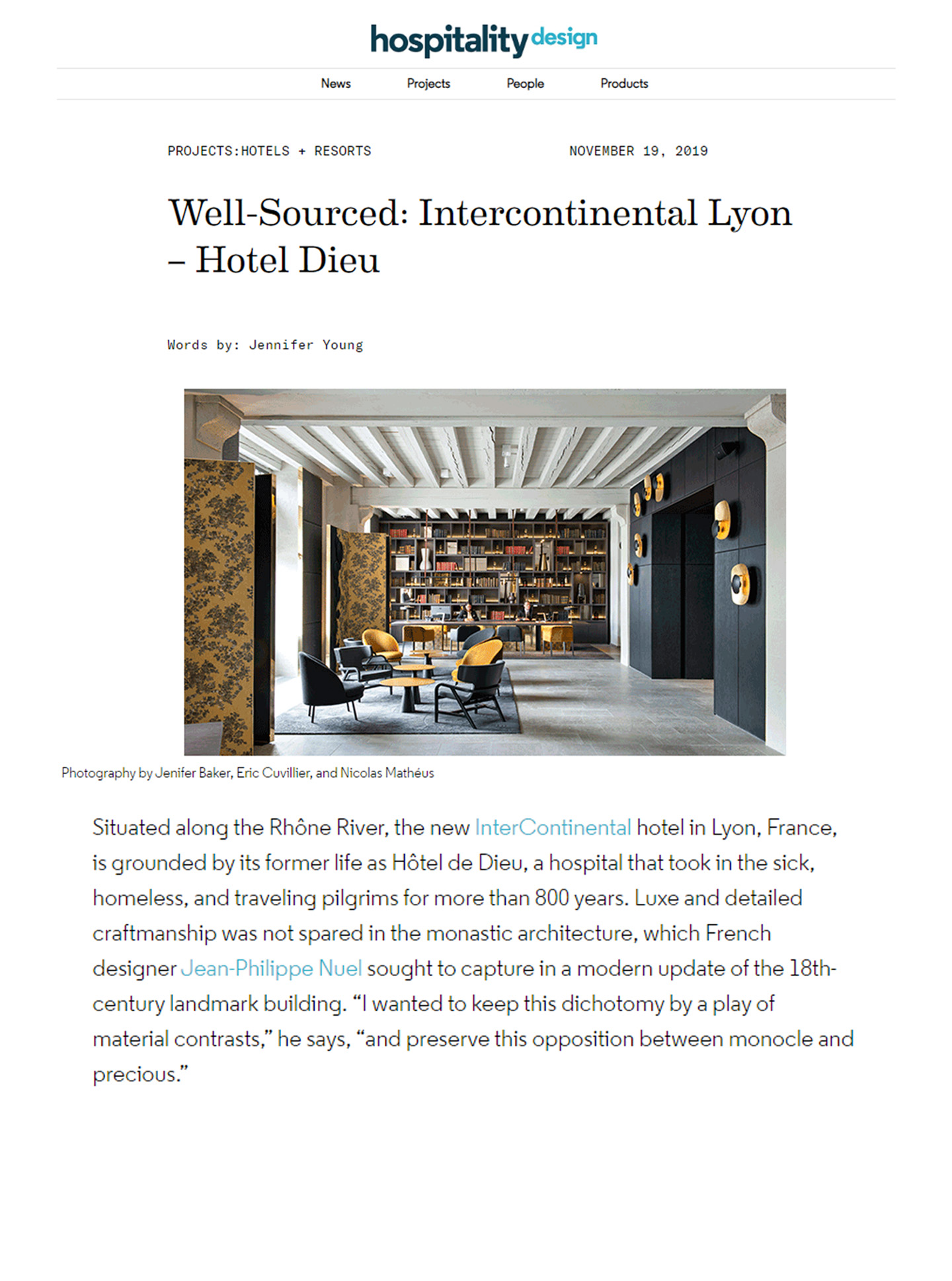 Article sur l'InterContinental Lyon Hotel Dieu réalisé par le studio jean-Philippe Nuel dans le magazineHospitality Design, nouvel hotel de luxe, architecture d'intérieur de luxe, patrimoine historique