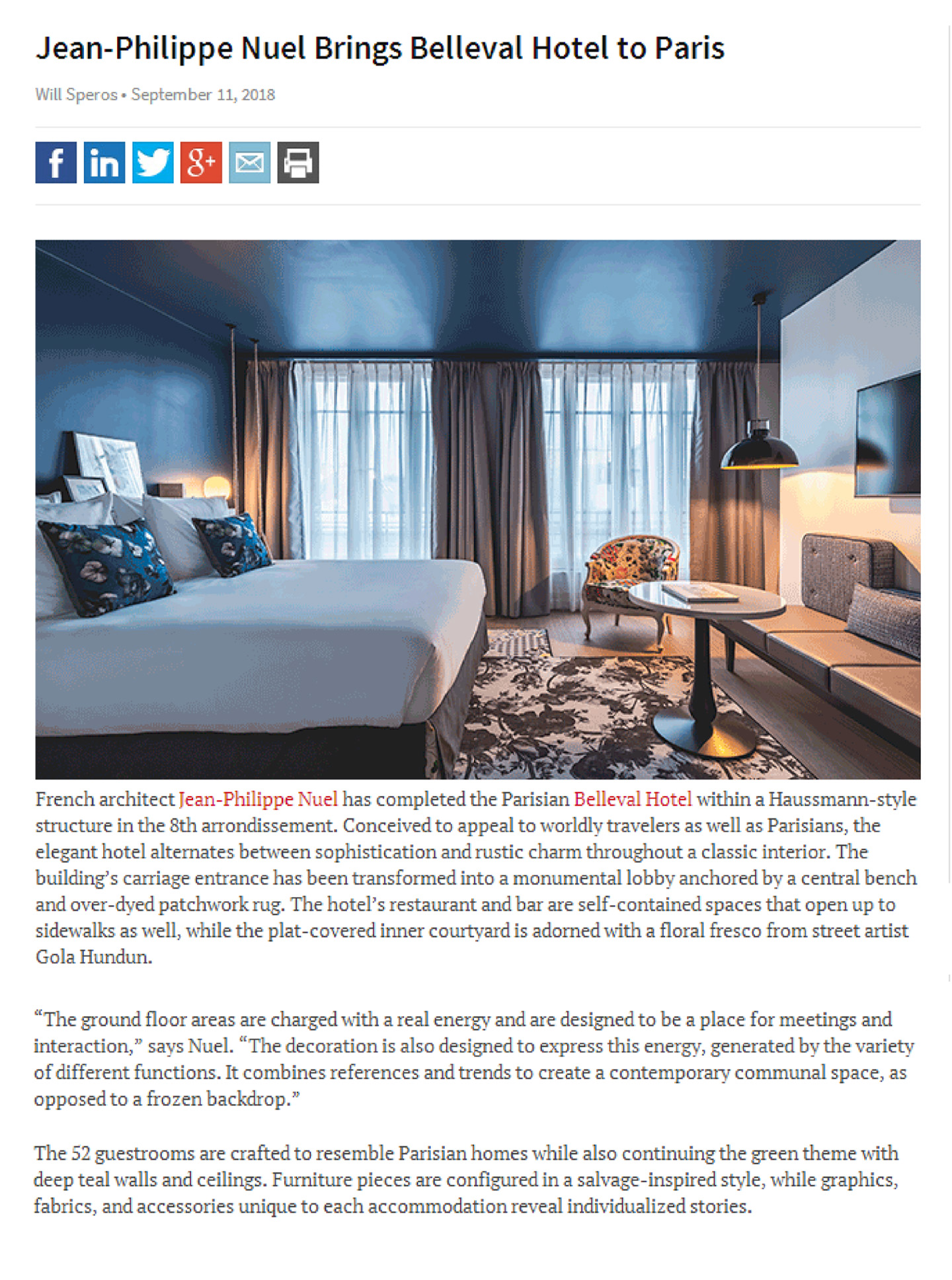 article sur le belleval paris réalisé par le studio d'architecture d'intérieur jean-philippe nuel dans le magazine hospitality design, hotel lifestyle avec une décoration botanique et fleurie