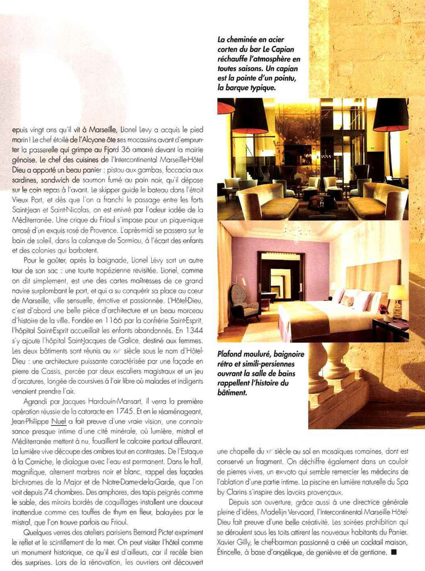 Article on the InterContinental Marseille Hotel Dieu realized by the studio jean-Philippe Nuel in the magazine Hotel & lodge, new luxury hotel, luxury interior design, historical heritage