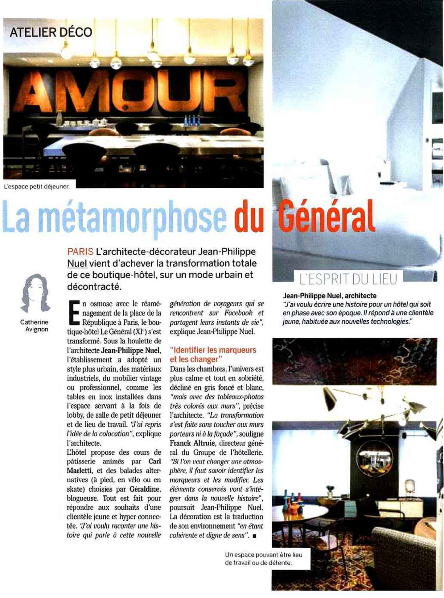 Article on the General realized by the studio jean-Philippe Nuel in the magazine Hotellerie restauration, new lifestyle hotel, luxury interior design, paris center, french luxury hotel