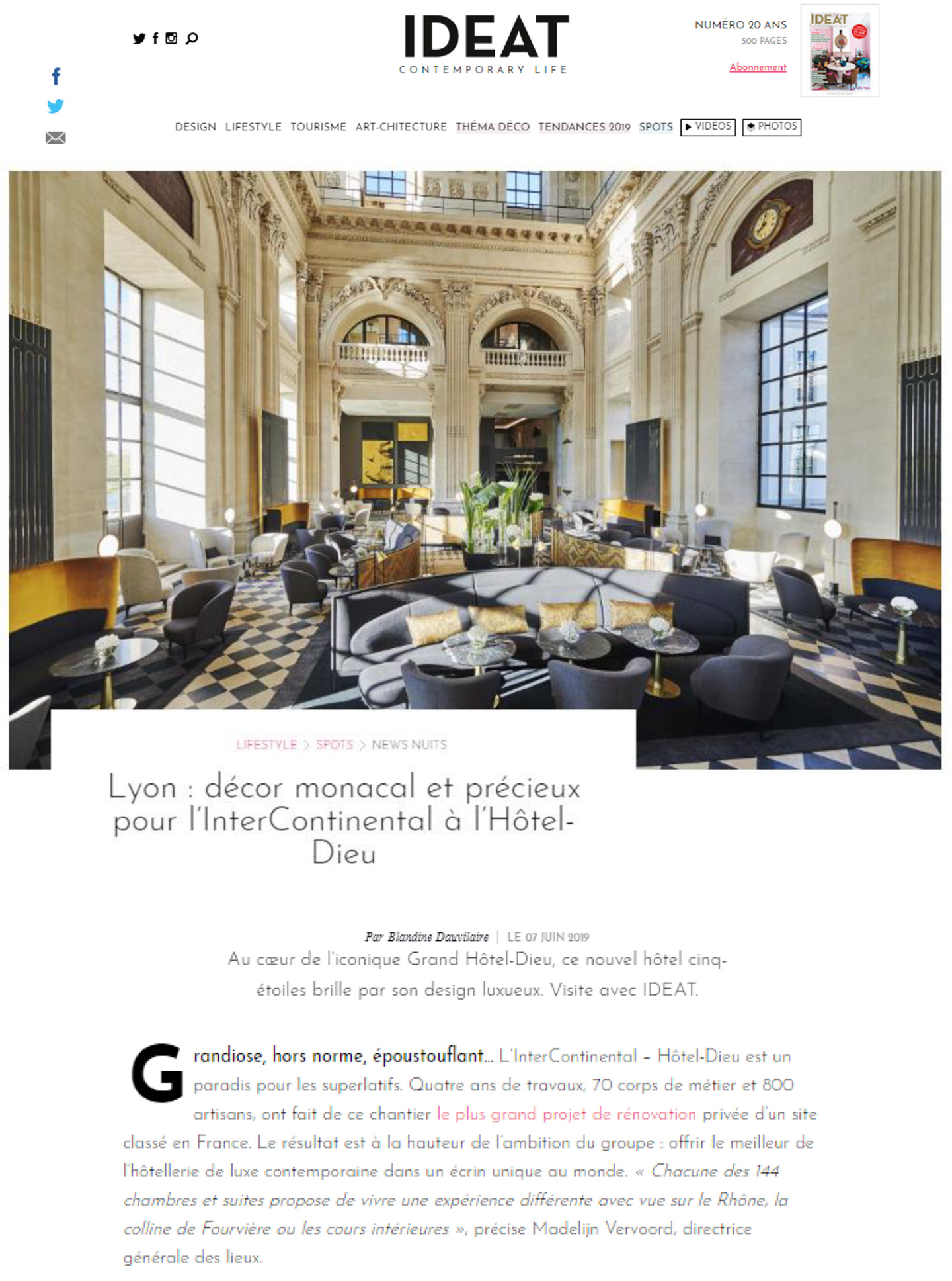 Article on the InterContinental Lyon hôtel dieu realized by the studio jean-Philippe Nuel in the magazine ideat, new luxury hotel, luxury interior design, rehabilitated historical center