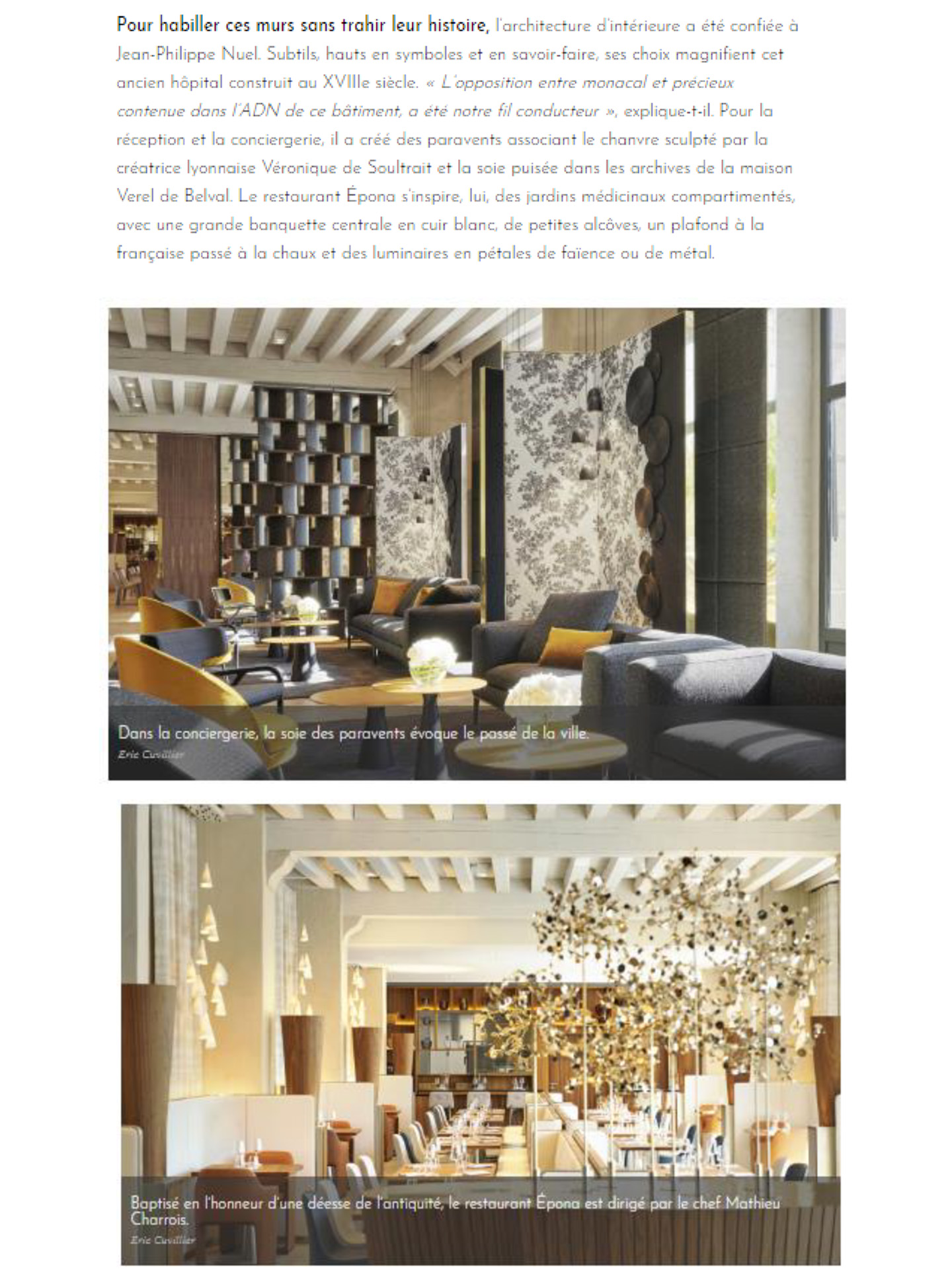 Article on the InterContinental Lyon hôtel dieu realized by the studio jean-Philippe Nuel in the magazine ideat, new luxury hotel, luxury interior design, rehabilitated historical center