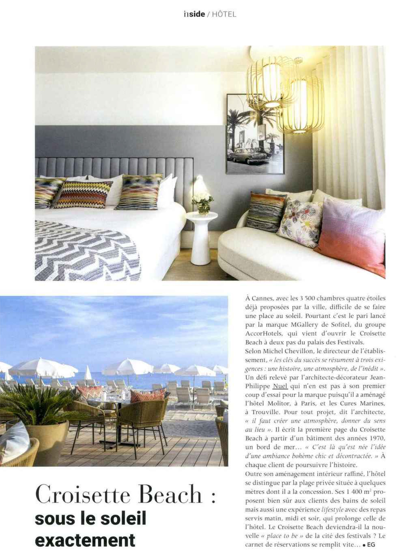 Article on the Croisette Beach Hotel Cannes realized by the studio jean-Philippe Nuel in the magazine In Interiors, new luxury hotel, luxury interior design, seaside hotel