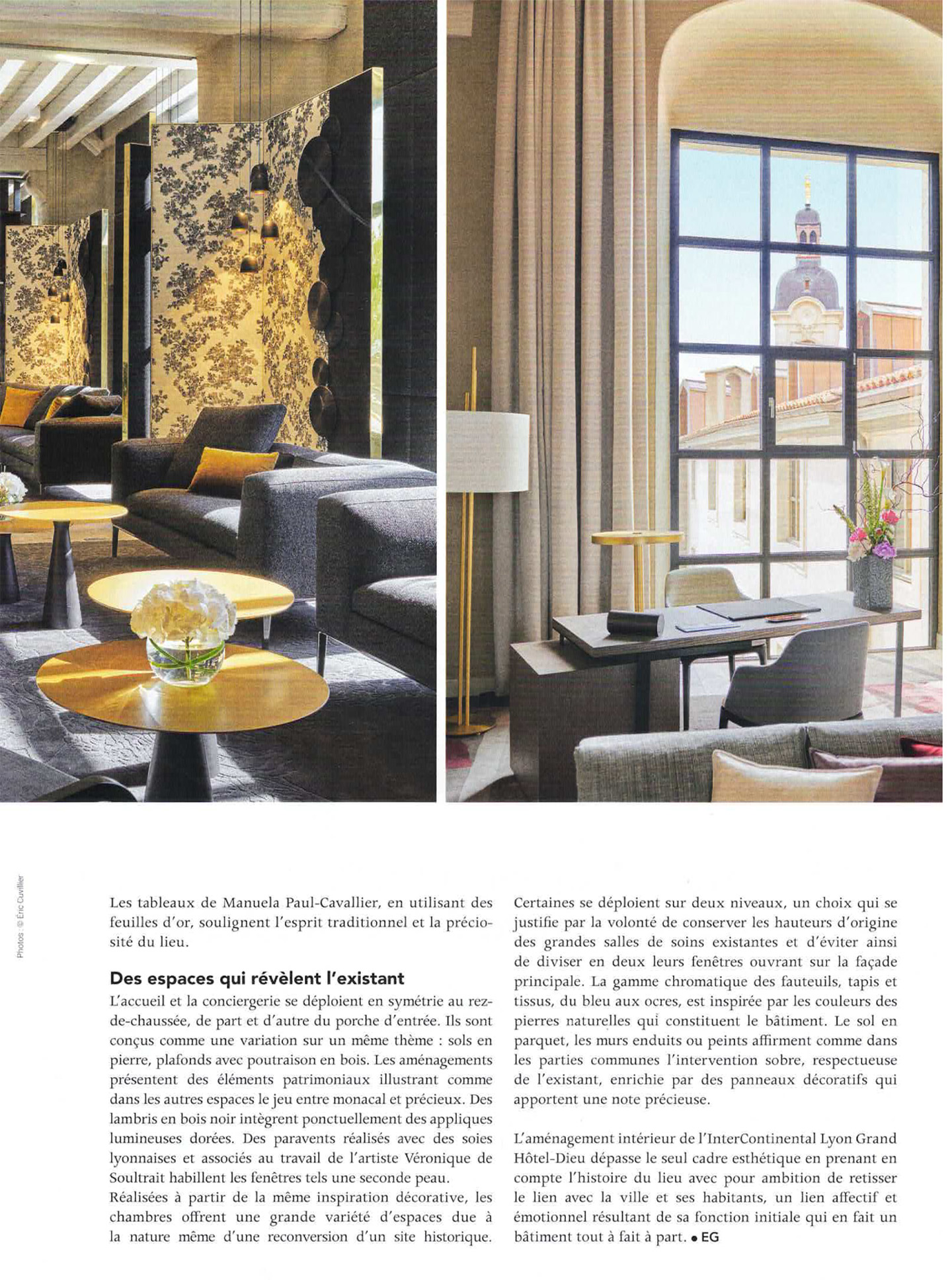 Article on the InterContinental Lyon Hotel Dieu realized by the studio jean-Philippe Nuel in the magazine In Interiors, new luxury hotel, luxury interior design, historical heritage