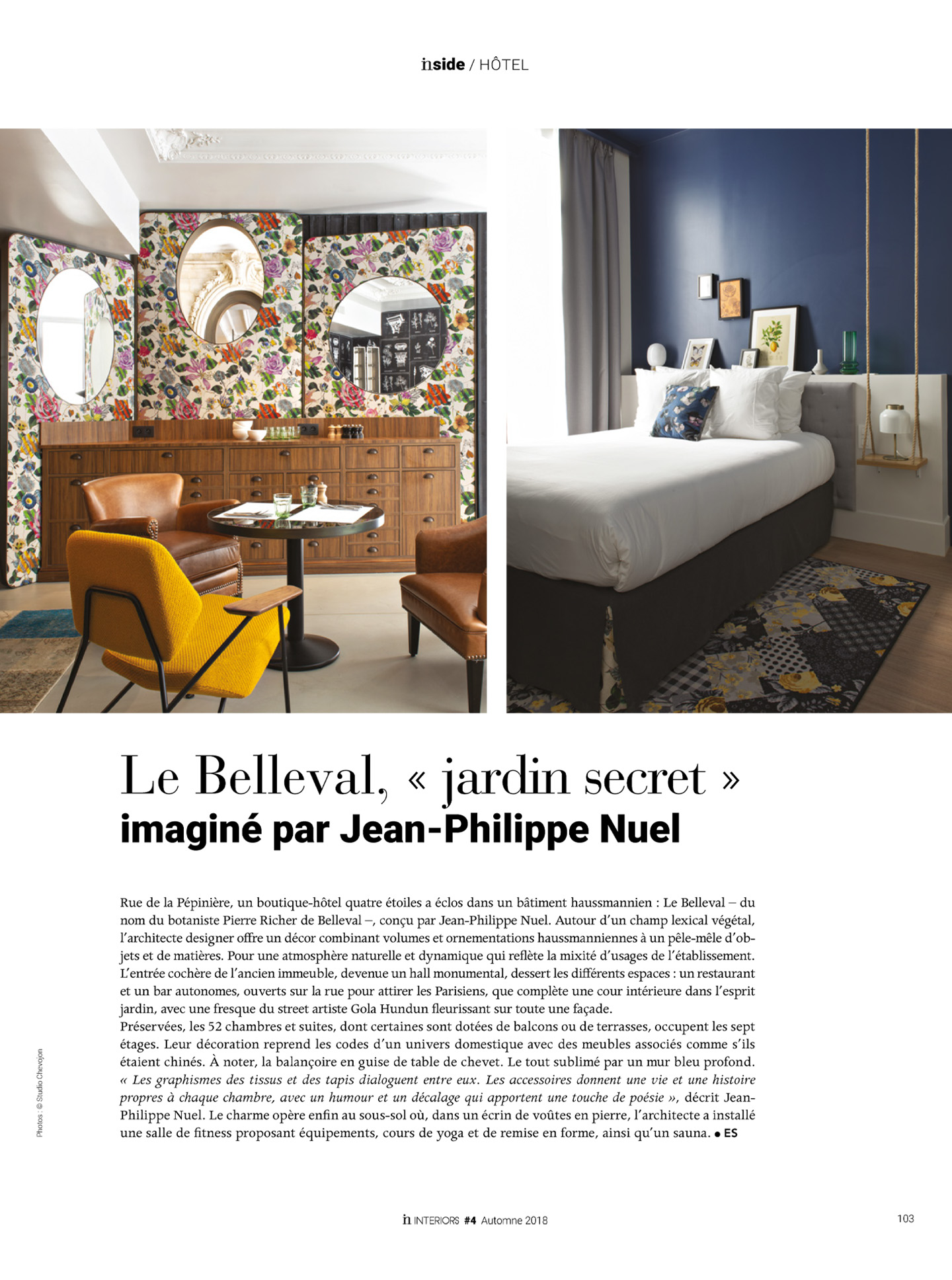 Article on the belleval by jean-Philippe Nuel studio in the magazine in interiors, new lifestyle hotel, luxury interior design, paris center, french luxury hotel