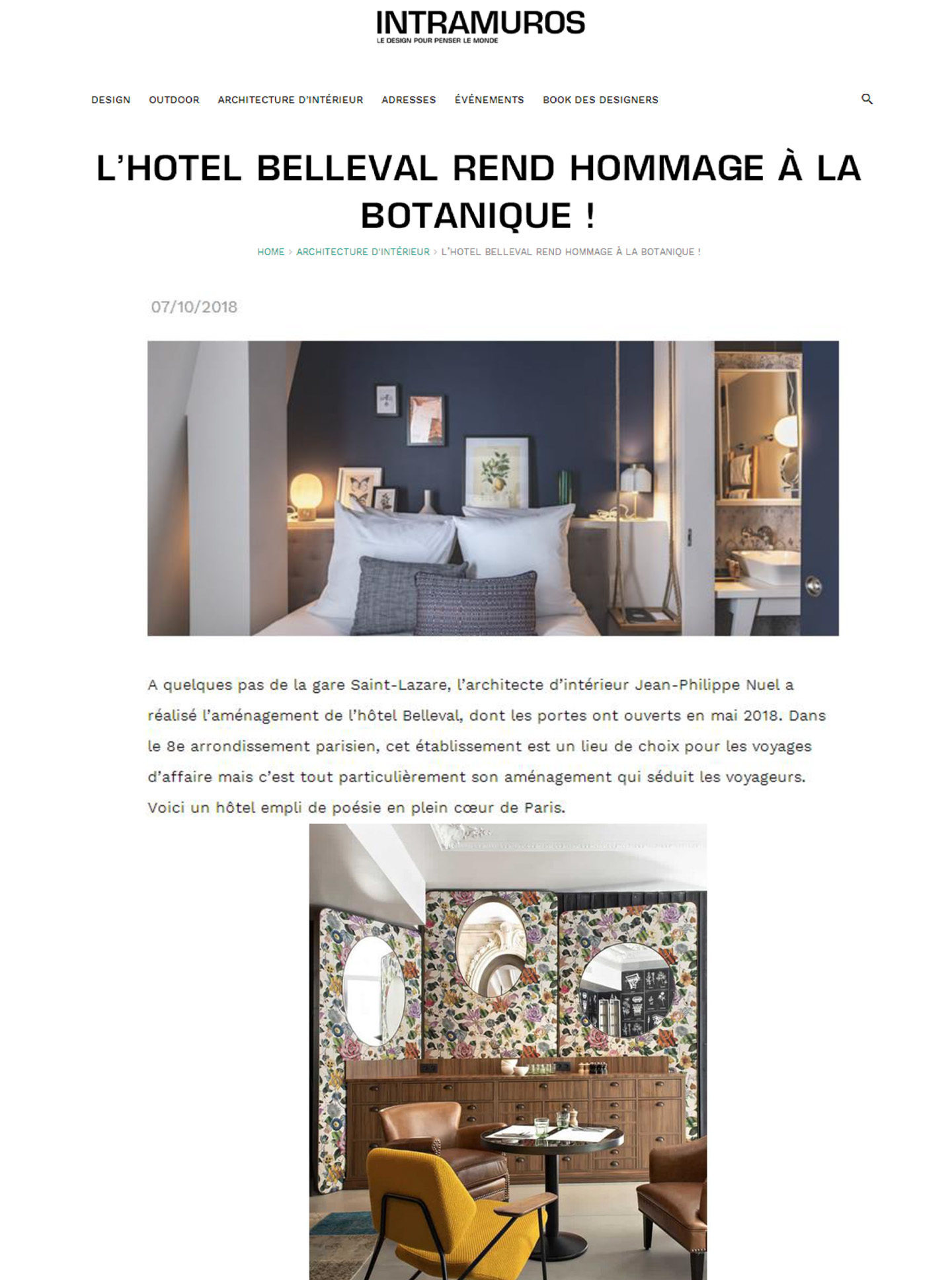 Article sur Le Belleval réalisé par le studio jean-Philippe Nuel dans le magazine Intramuros, nouvel hotel de luxe, lifestyle, architecture d'intérieur de luxe, hotel parisien