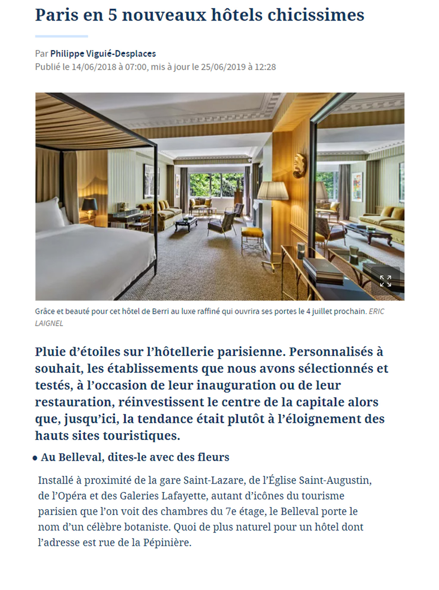 article sur le belleval, hotel parisien lifestyle réalisé par le studio d'architecture d'intérieur jean-philippe nuel dans le magazine le Figaro