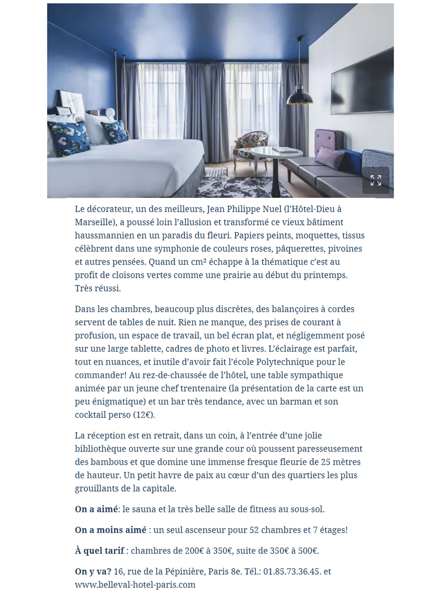 article on the belleval, parisian lifestyle hotel designed by the interior design studio jean-philippe nuel in the magazine le Figaro