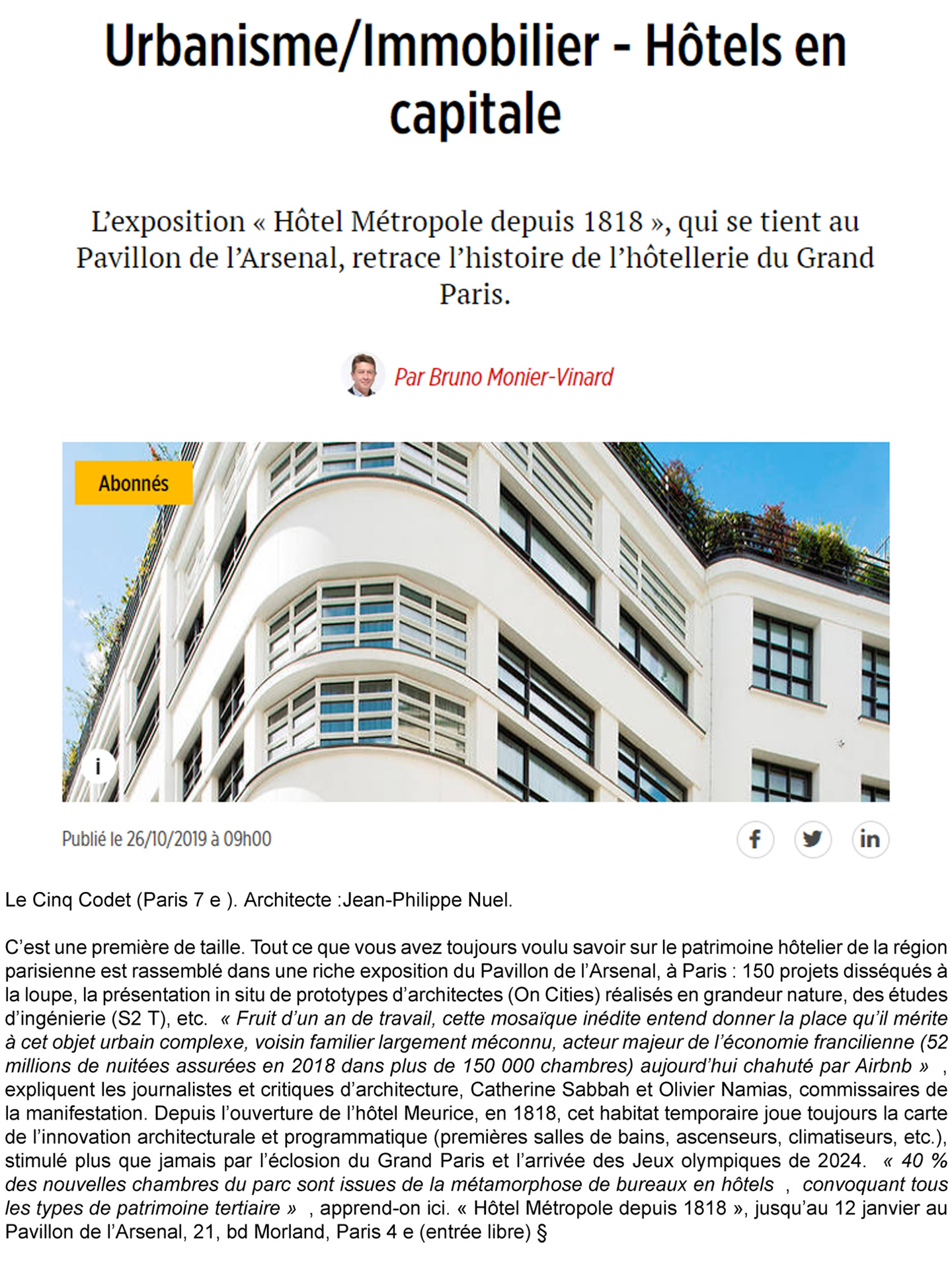 Article on the hotel Le Cinq Codet realized by the studio jean-Philippe Nuel in the magazine Le Poiont, new luxury hotel in Paris, luxury interior design