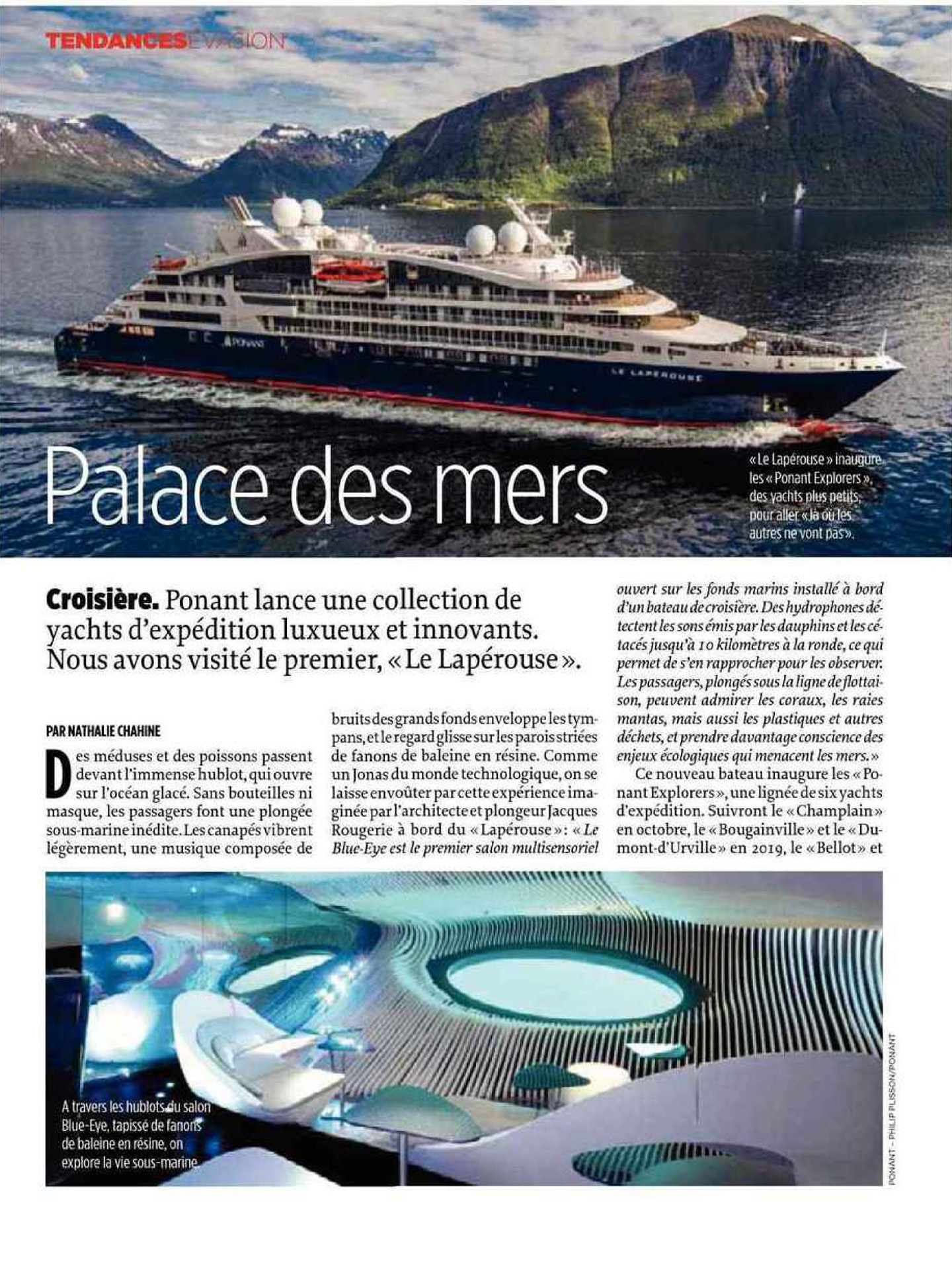 Article sur le Lapérouse, bateau de croisière ponant, designé par le studio d'architecture d'intérieur jean-philippe nuel dans le magazine le point