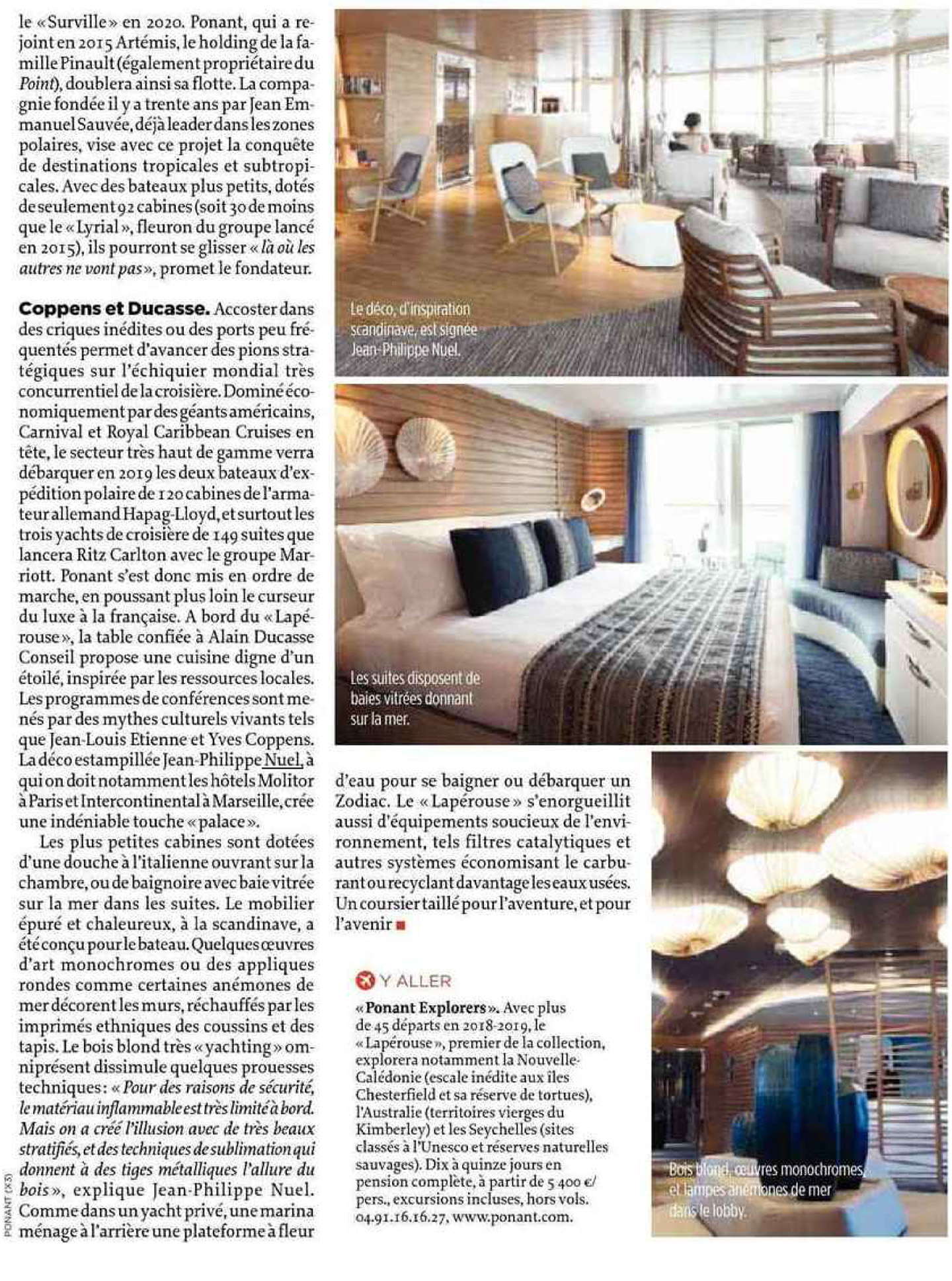 Article sur le Lapérouse, bateau de croisière ponant, designé par le studio d'architecture d'intérieur jean-philippe nuel dans le magazine le point